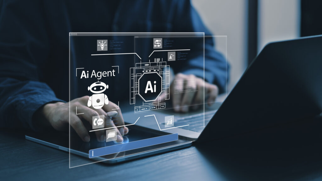 A digital rendering of a person using an AI agent on a laptop.