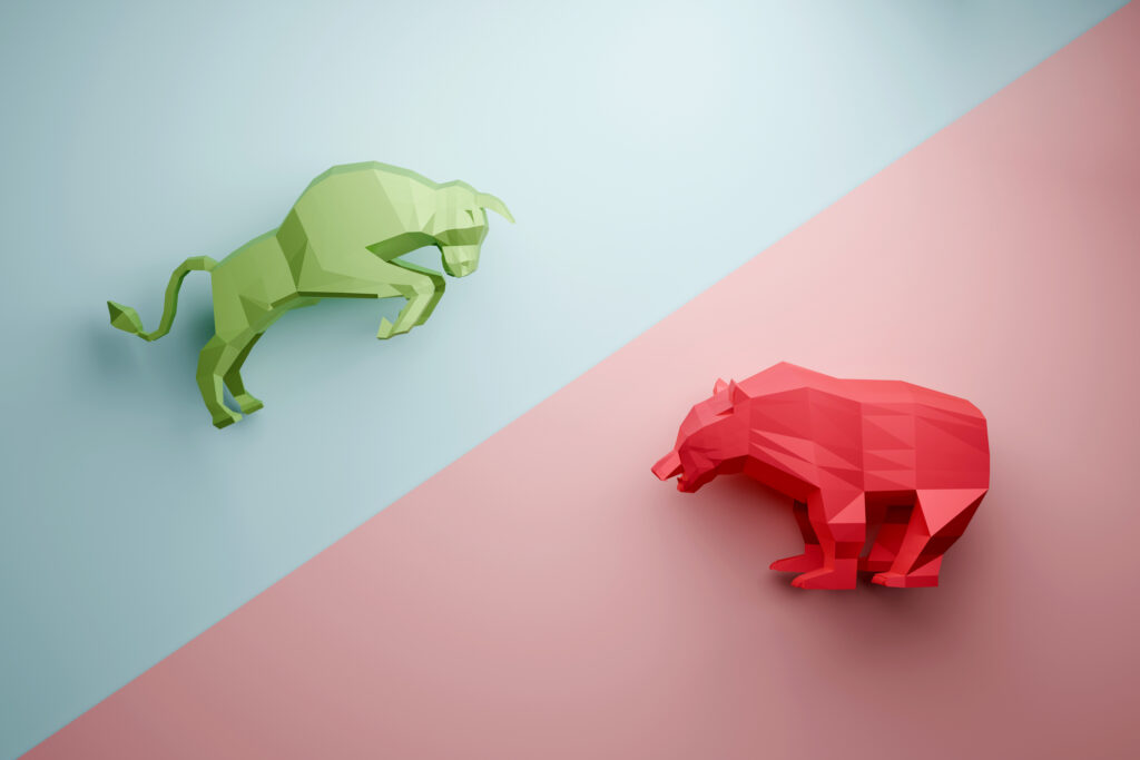 stocks mixed bull green over bear red