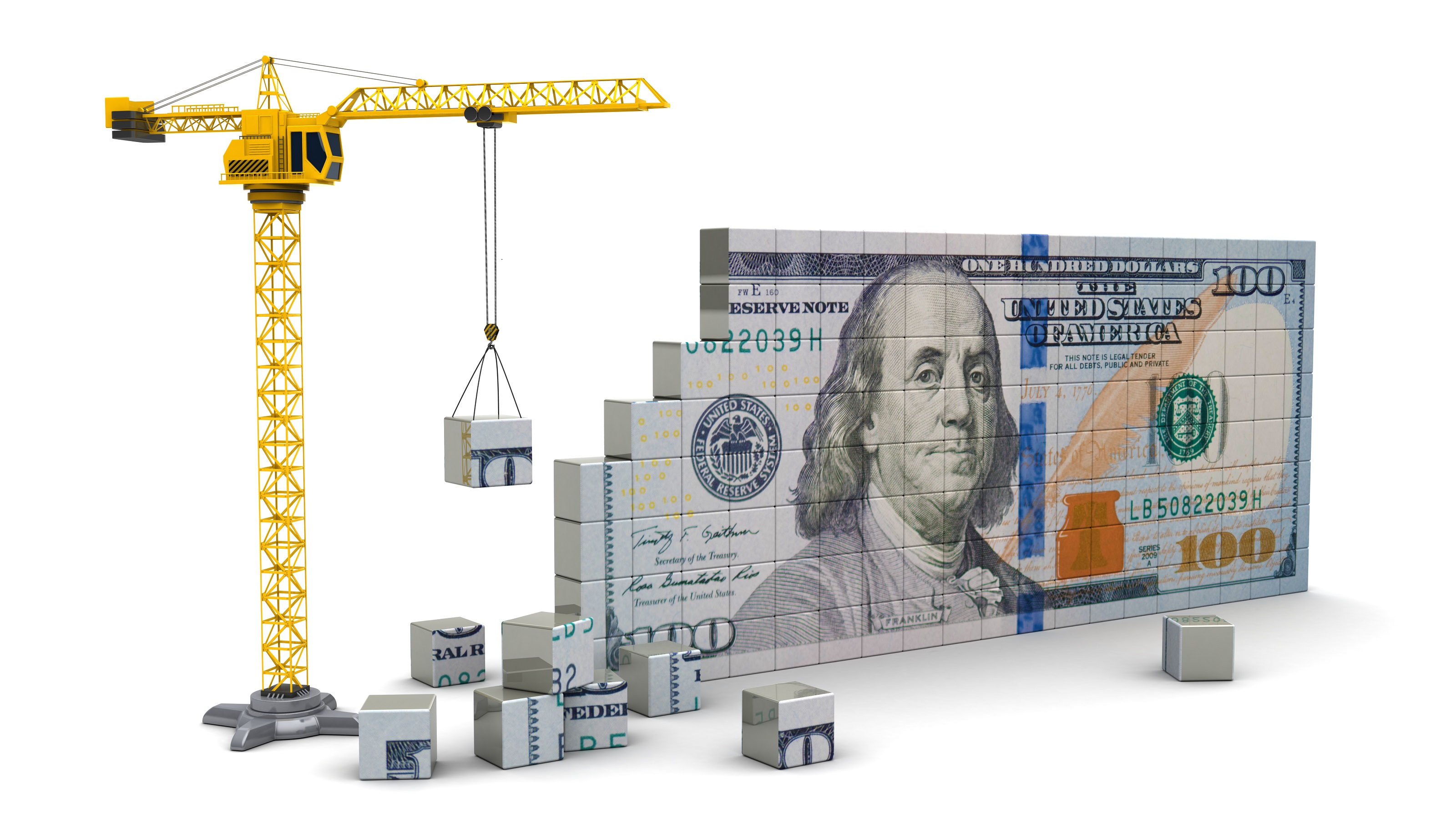 Une grue semble construire un billet de cent dollars.