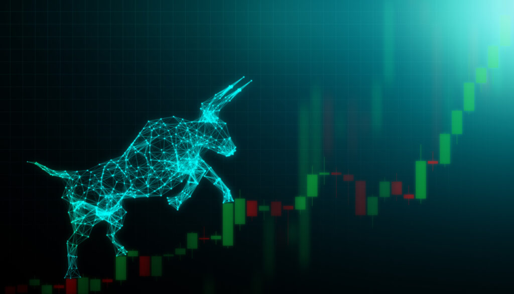 a digitally rendered bull climbs green and red stock chart bars higher