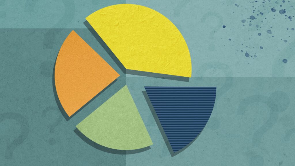 A pie chart in different colors and textures against an aqua background.