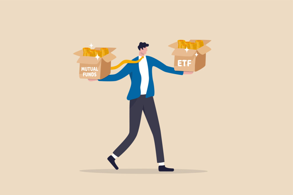 The drawing of a man in a blue suit coat and wearing a yellow tie holding one box that says mutual funds and one that says etfs