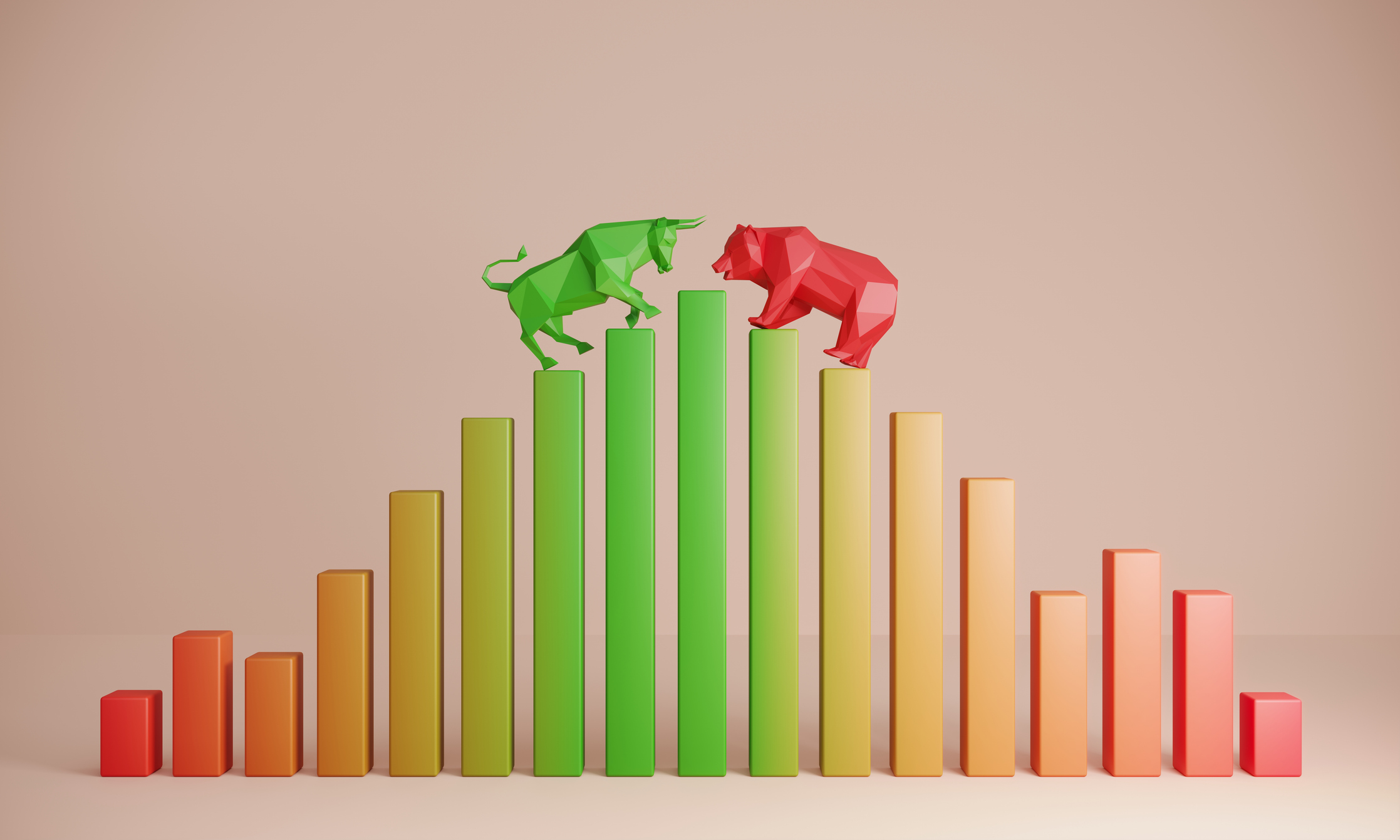 green bull red bear atop rising green red yellow bar chart