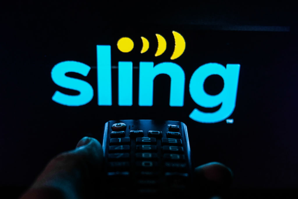 Sling logo on a dark tv screen