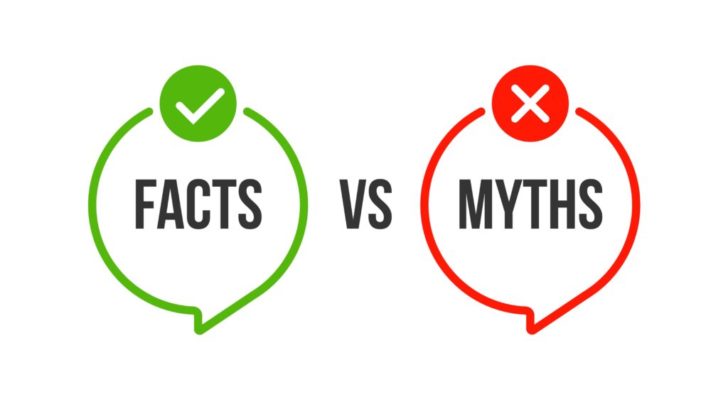The word "facts" with a green checkmark above it and the word "myths" with a red X above it.