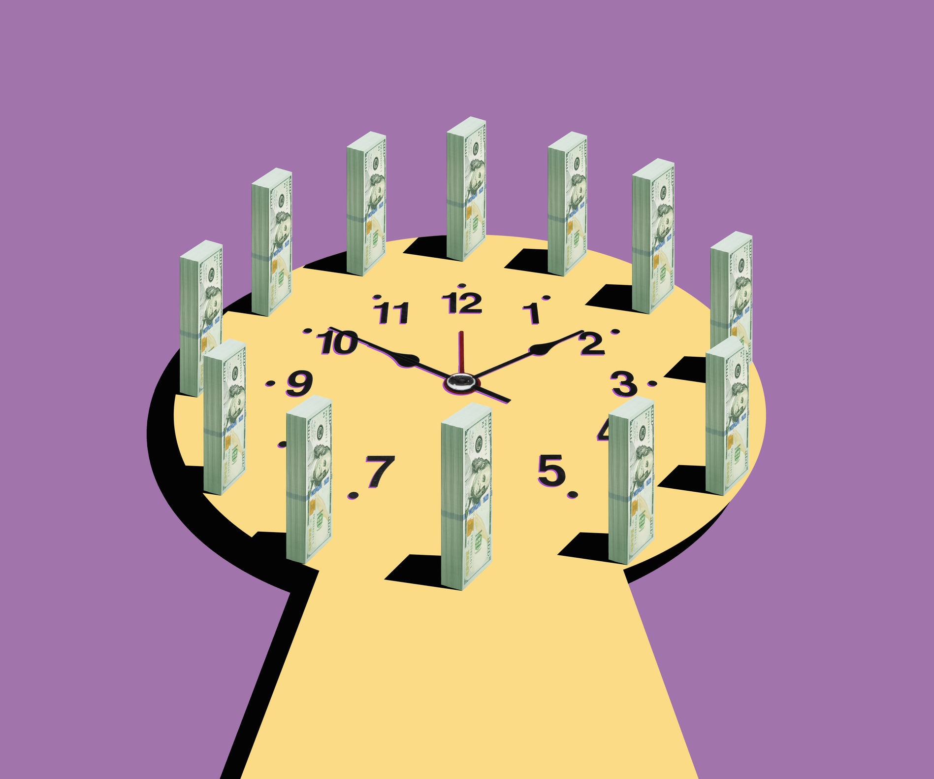 Cadran d'horloge sur une surface jaune en forme de trou de serrure entouré de liasses de papier-monnaie américain