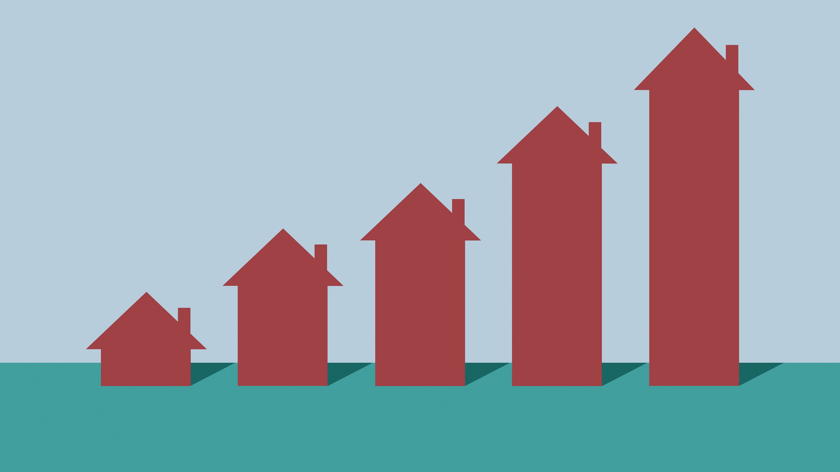 Une illustration de maisons de plus en plus hautes en rouge, bleu et bleu sarcelle.