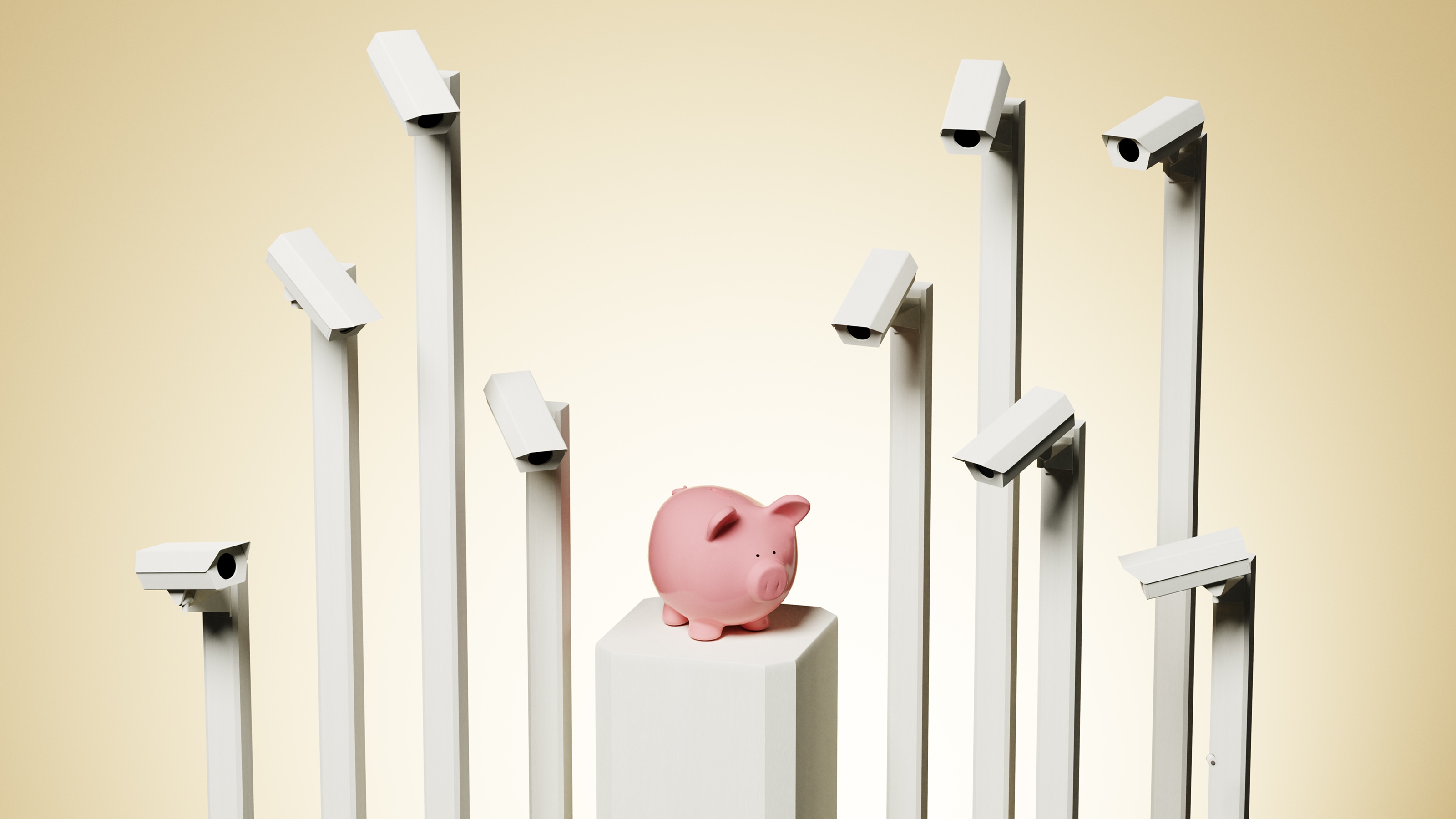 Une tirelire sur un socle entourée de caméras de surveillance.