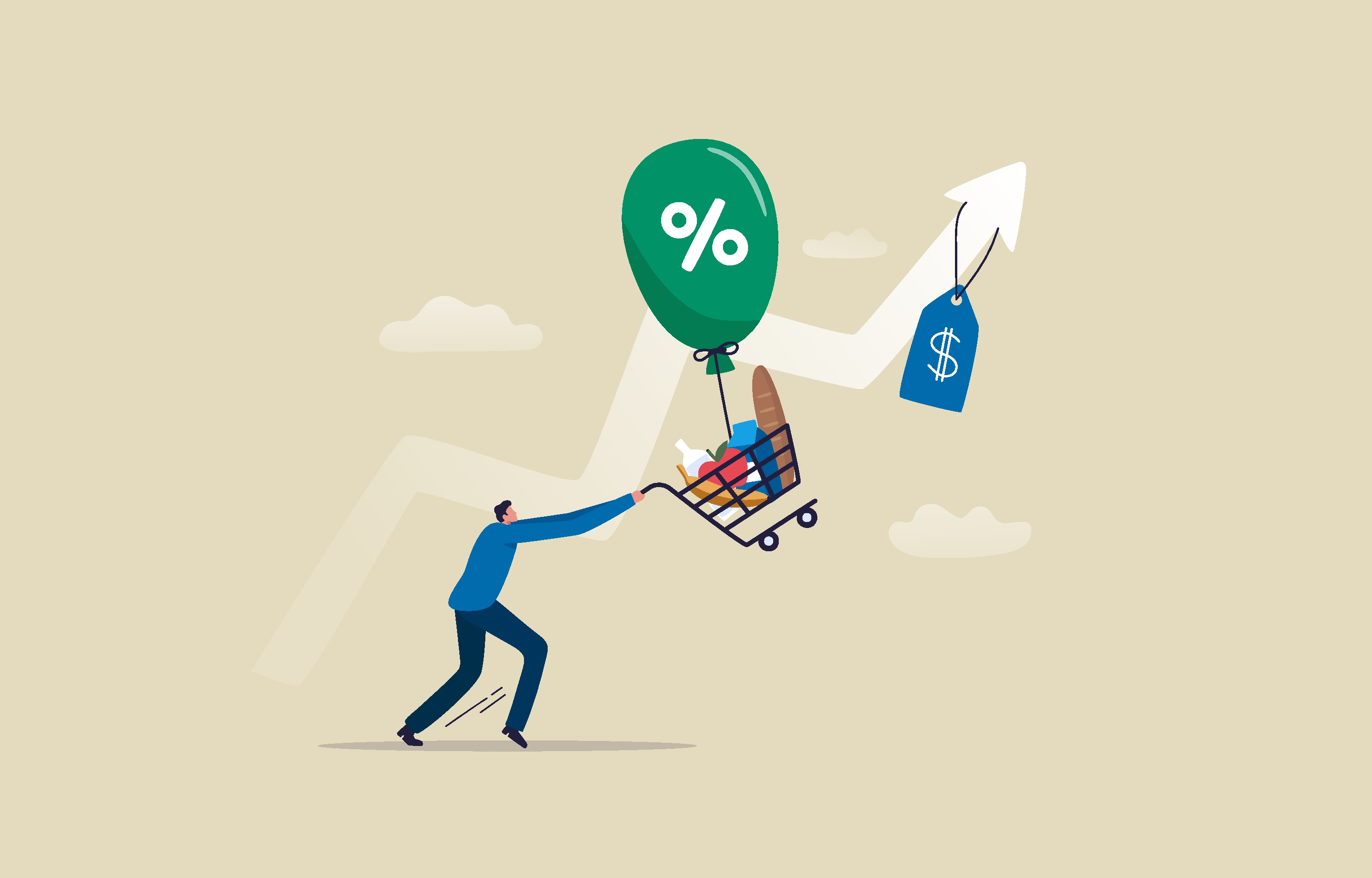 Concept de crise financière d’inflation. Un homme essayant d'attraper le caddie rempli de nourriture qui s'envole avec la bulle d'inflation. illustration