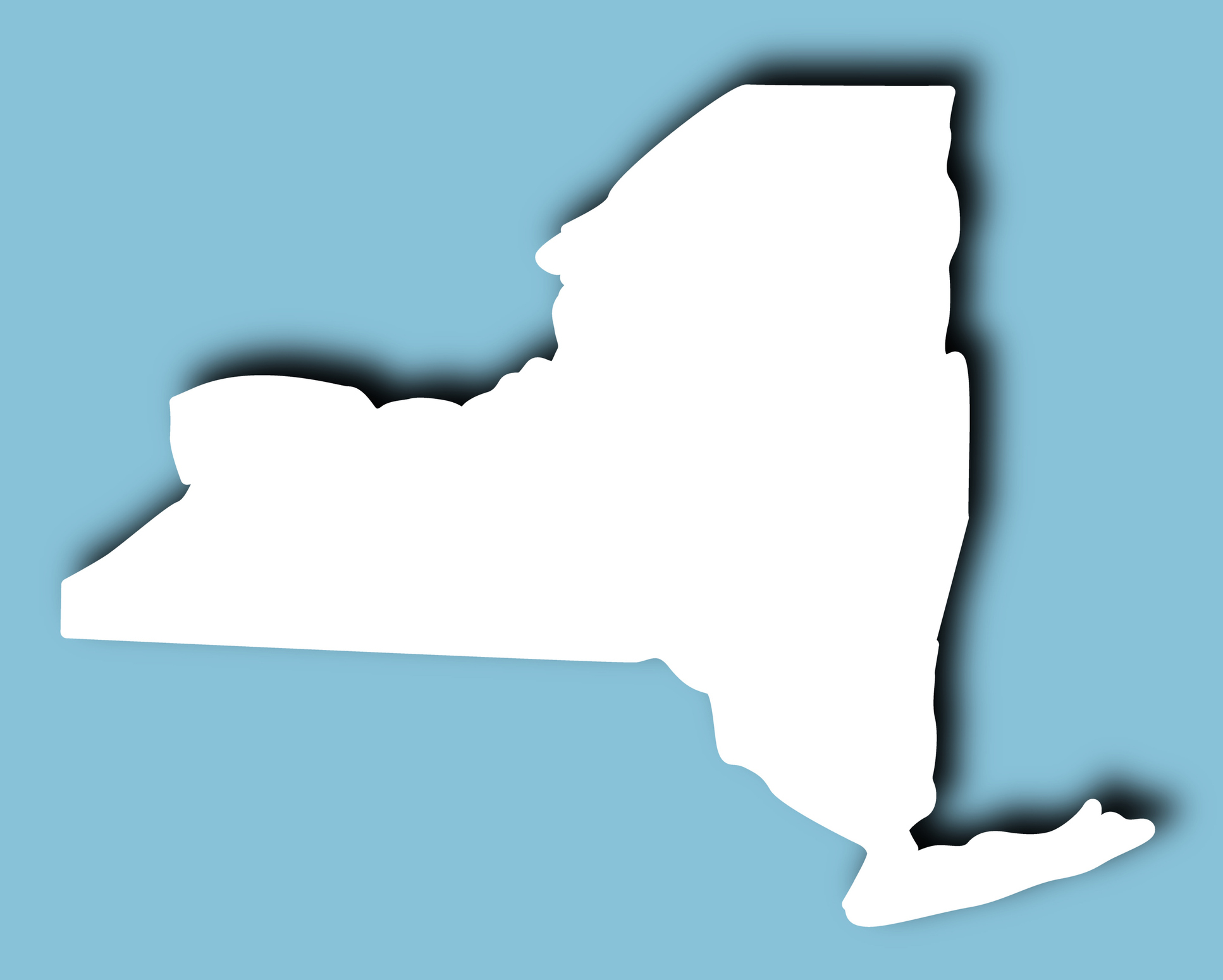 Silhouette minimaliste de l'État de New York, présentée en blanc sur fond bleu clair.