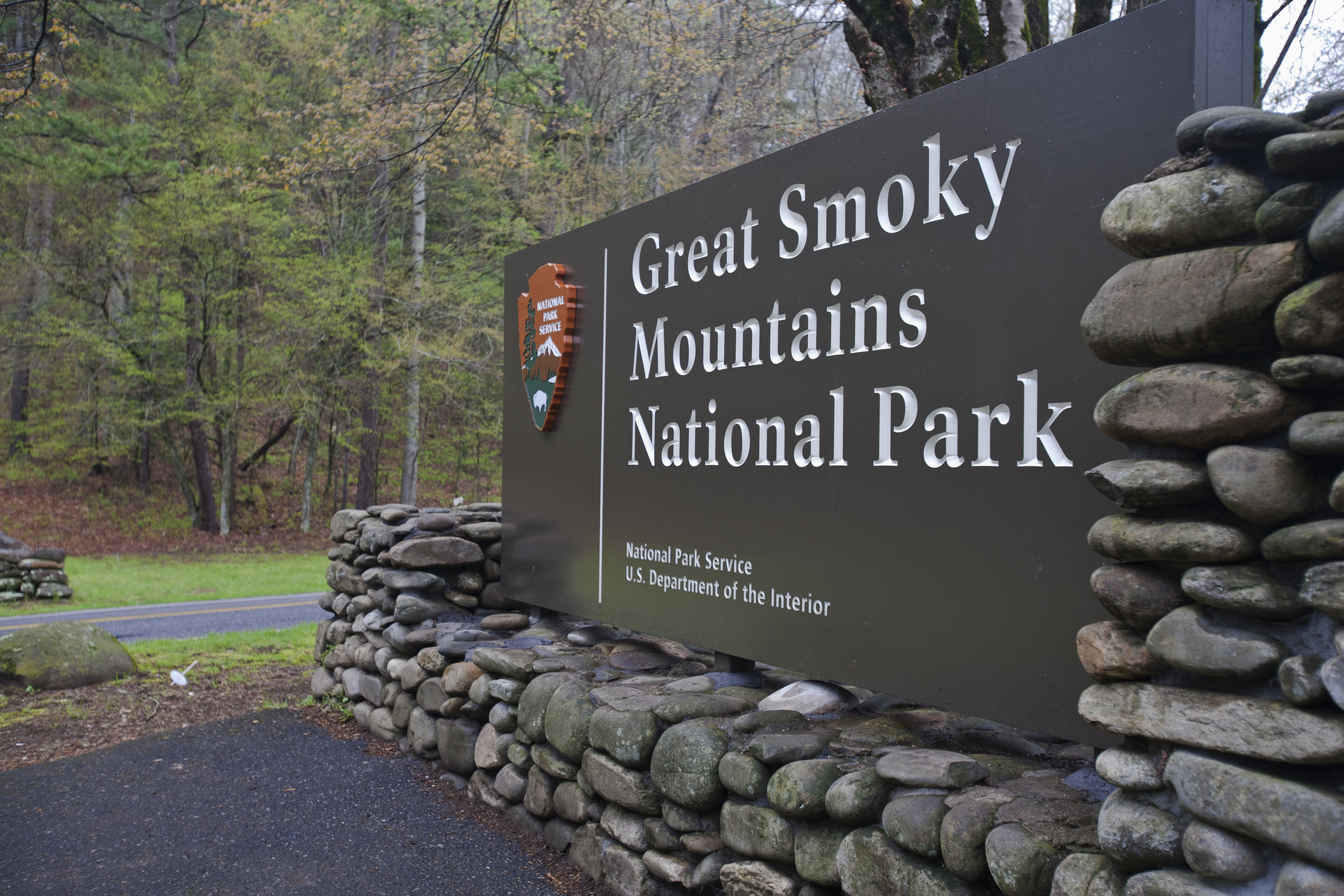 Signe rocheux du parc national des Great Smoky Mountains avec des arbres et une route