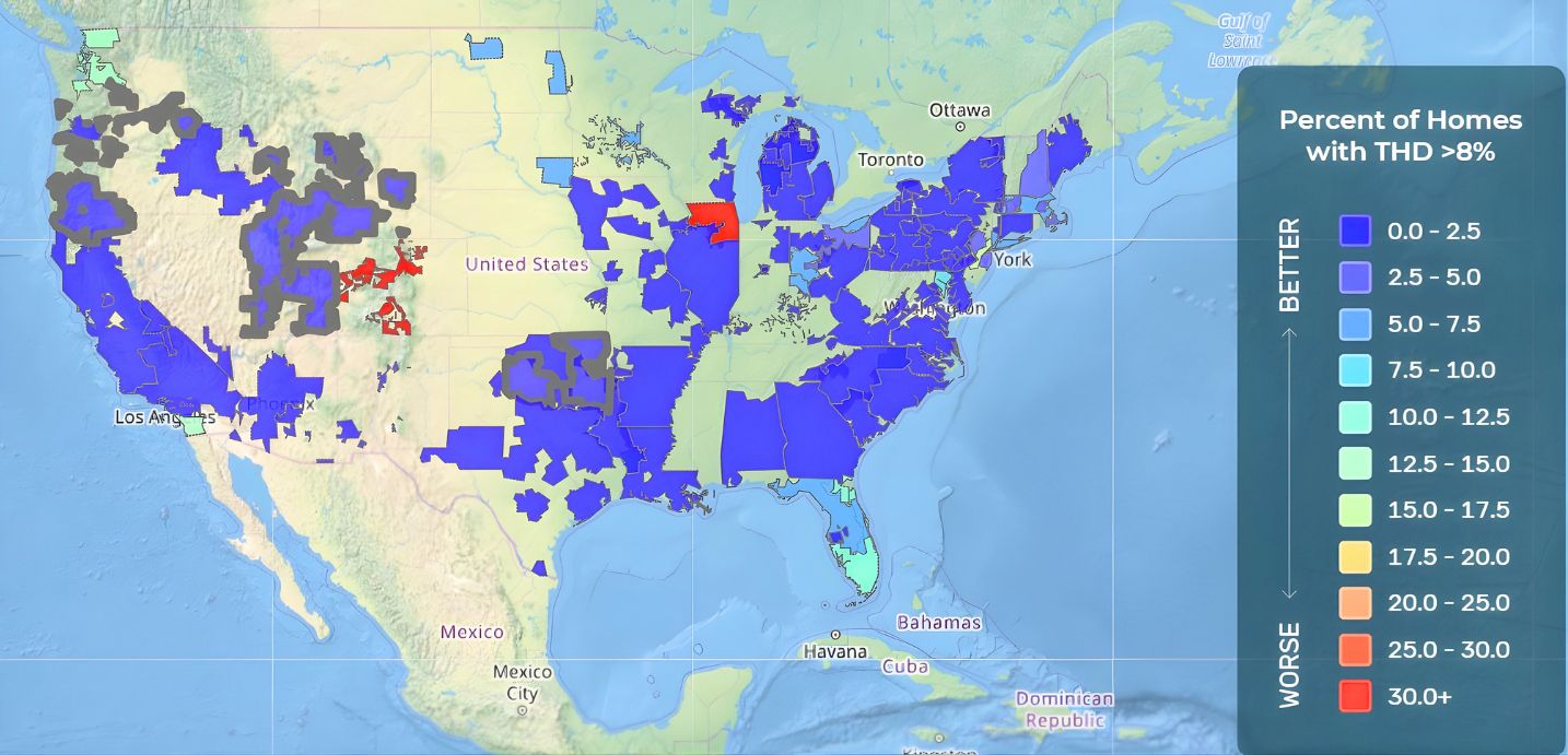Une carte des États-Unis montrant les niveaux totaux de distorsion harmonique due à l'énergie sale