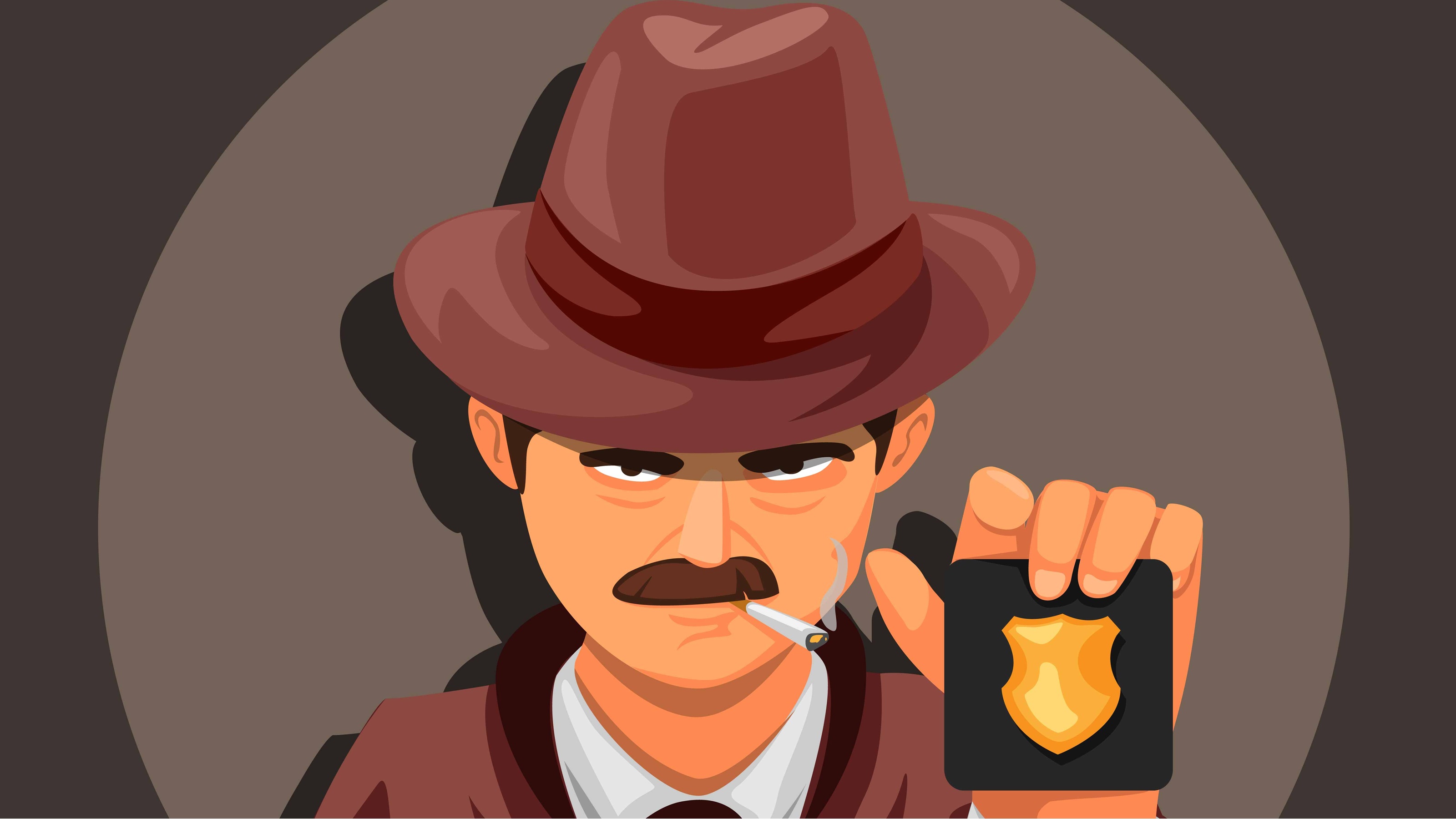 Caricature d'un détective portant un fedora, fumant une cigarette et exhibant son insigne.