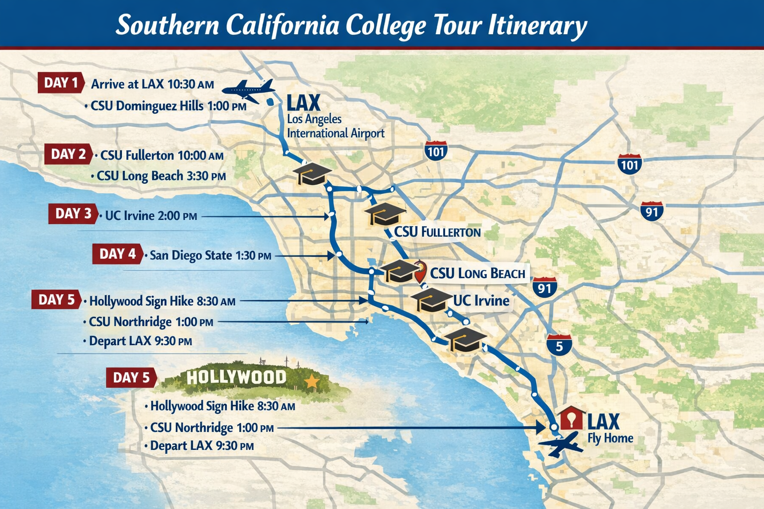Une carte d'un itinéraire recommandé pour une visite universitaire du sud de la Californie. Généré par ChatGPT le 23/03/26.