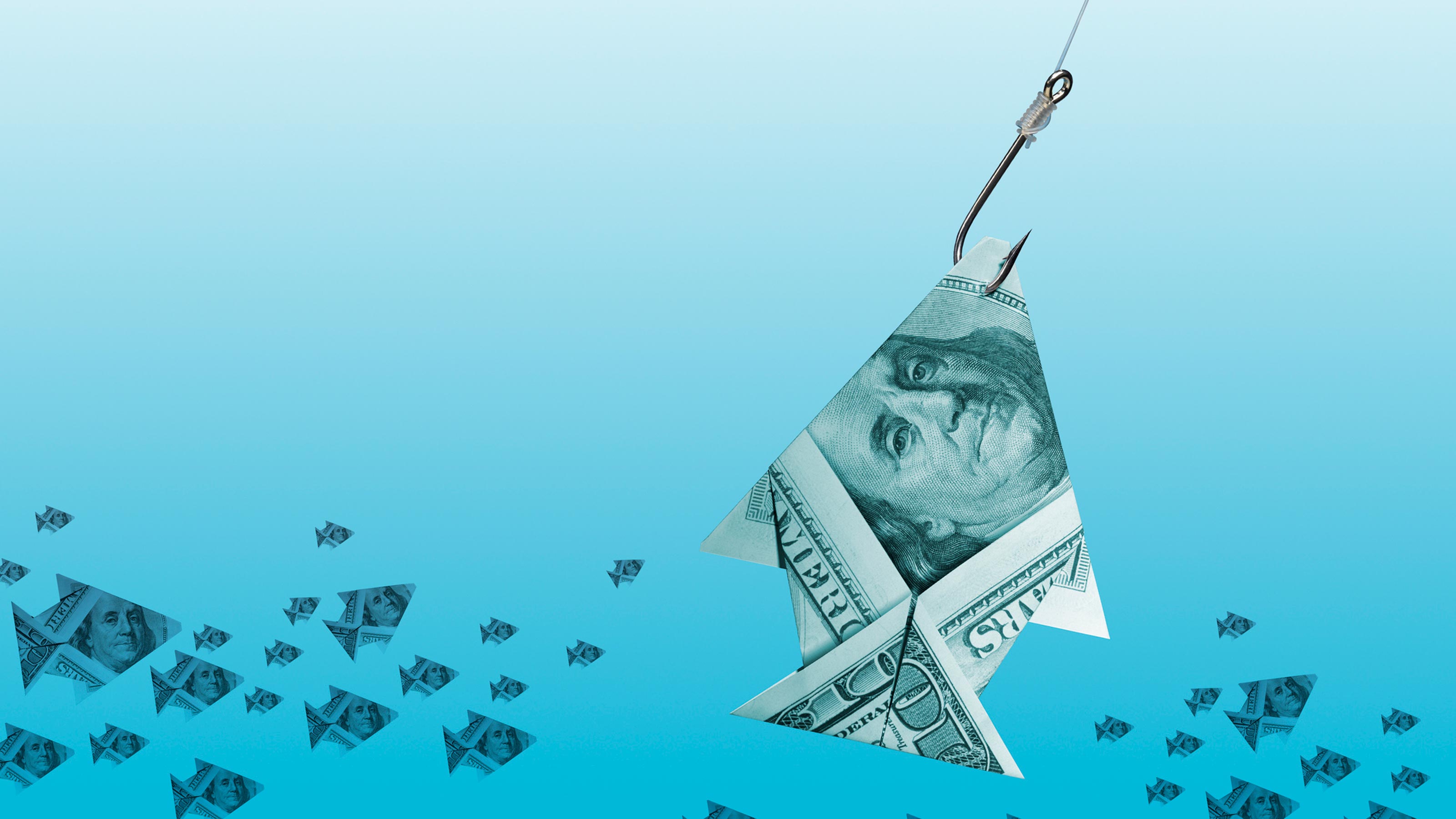 Un hameçon attrape un poisson fabriqué à partir de billets de 20 $.