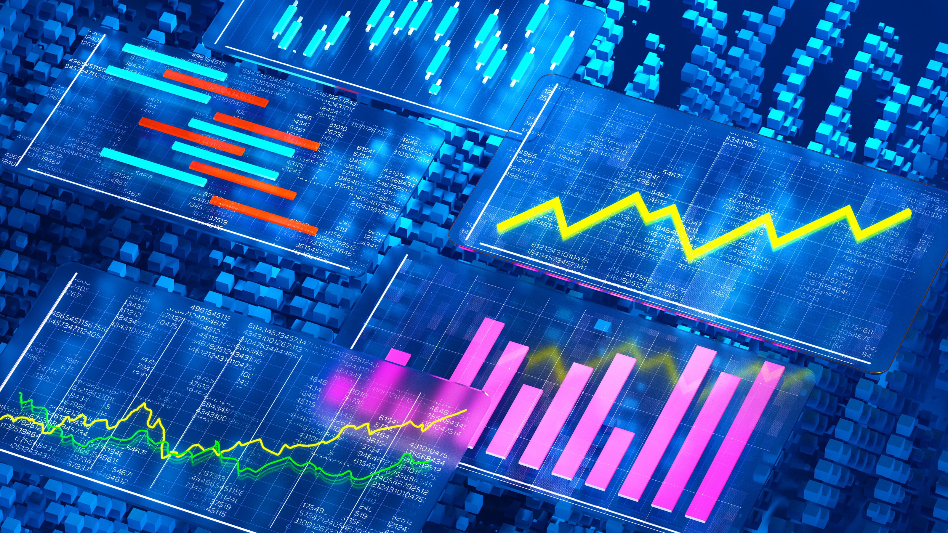 Image numérique de graphiques et de diagrammes aux couleurs néon.