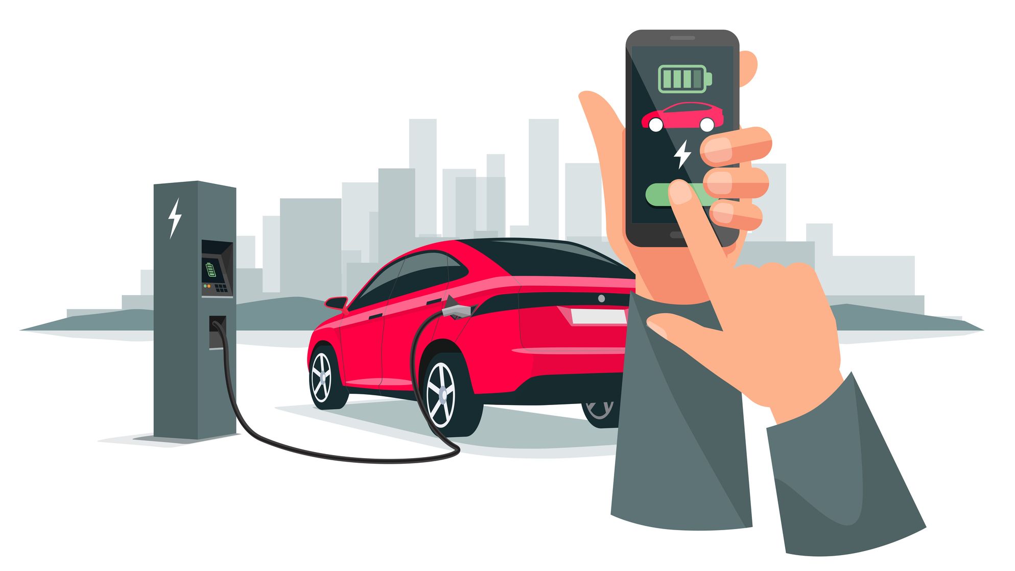 Mains tenant un smartphone avec application de chargement et batteries de recharge de voiture électrique