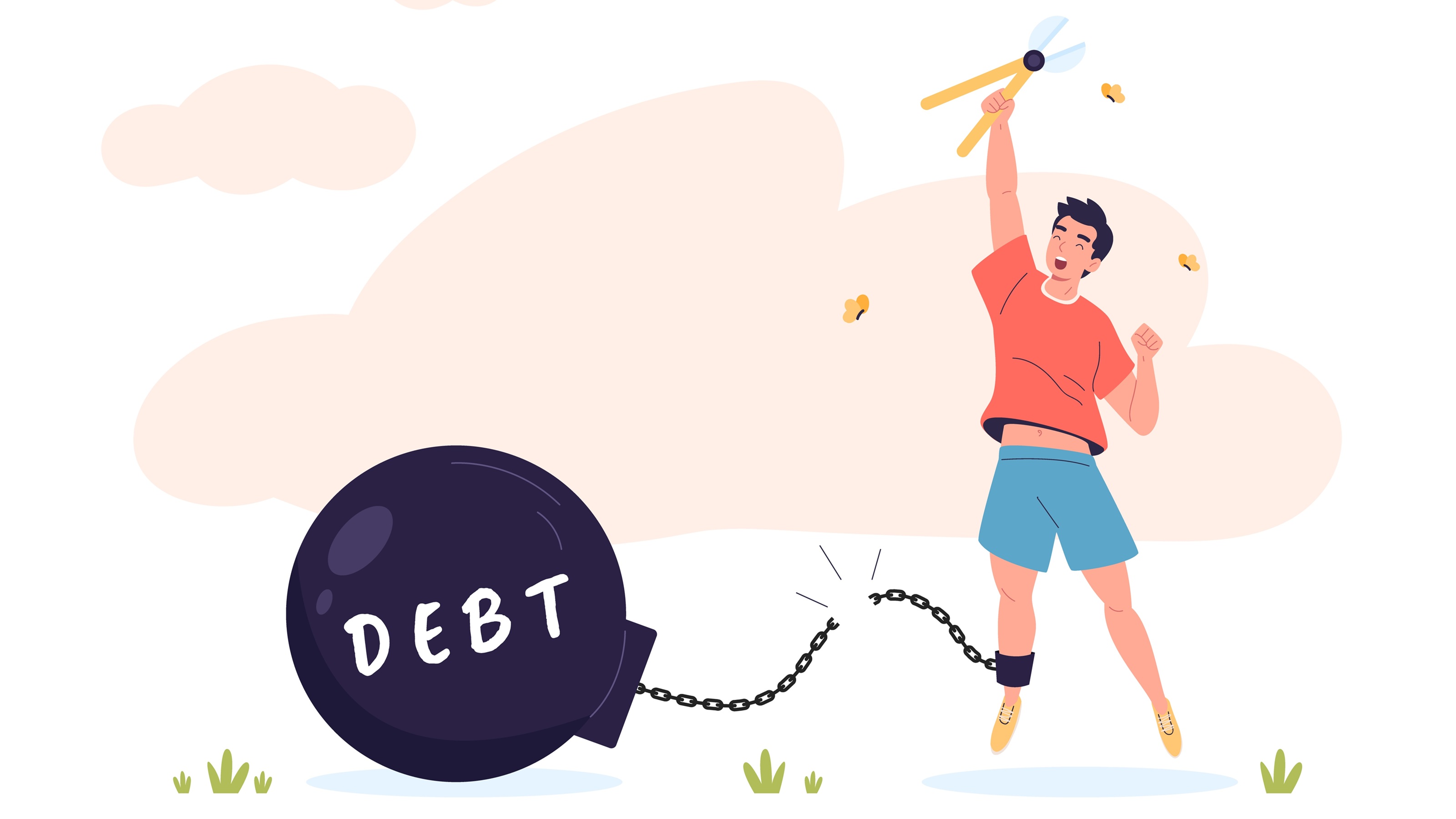 Illustration d'un jeune qui coupe la chaîne qui relie son angle à un poids d'endettement.