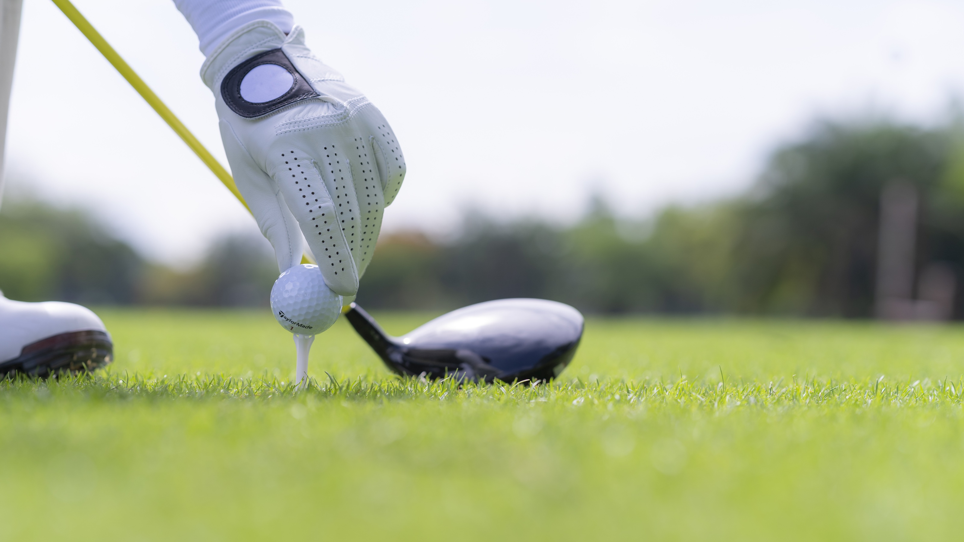 Une main gantée place une balle de golf sur un tee sur une herbe très verte.