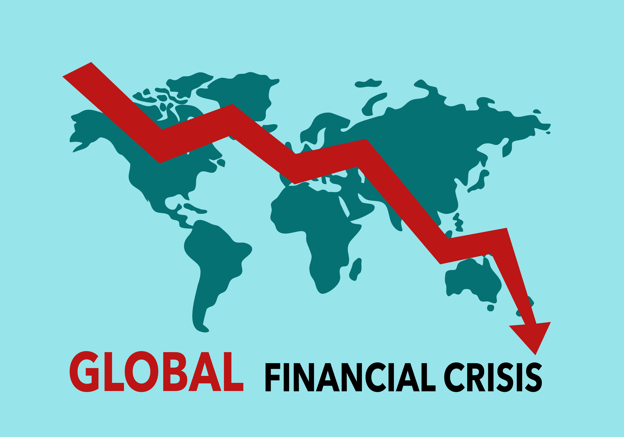 Carte du monde de la crise financière mondiale avec flèche vers le bas