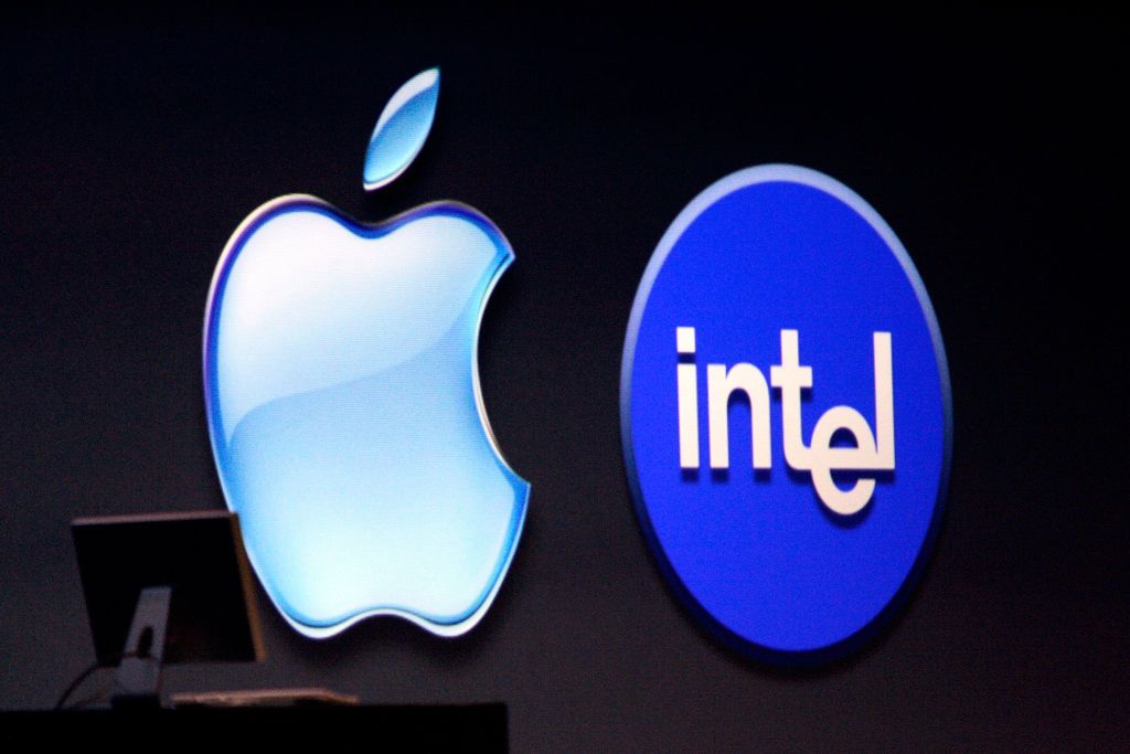 Apple logo next to Intel logo