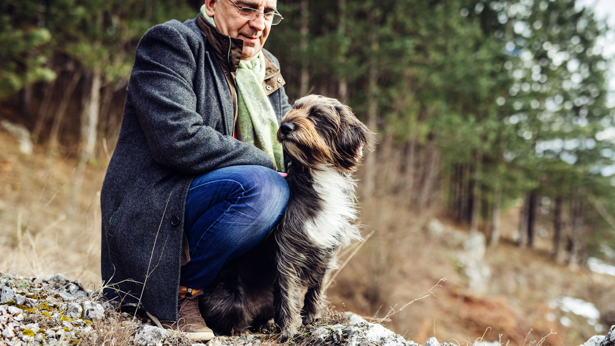 Un homme âgé est accroupi par terre avec son chien à l’extérieur. Le vent souffle dans les poils du chien.