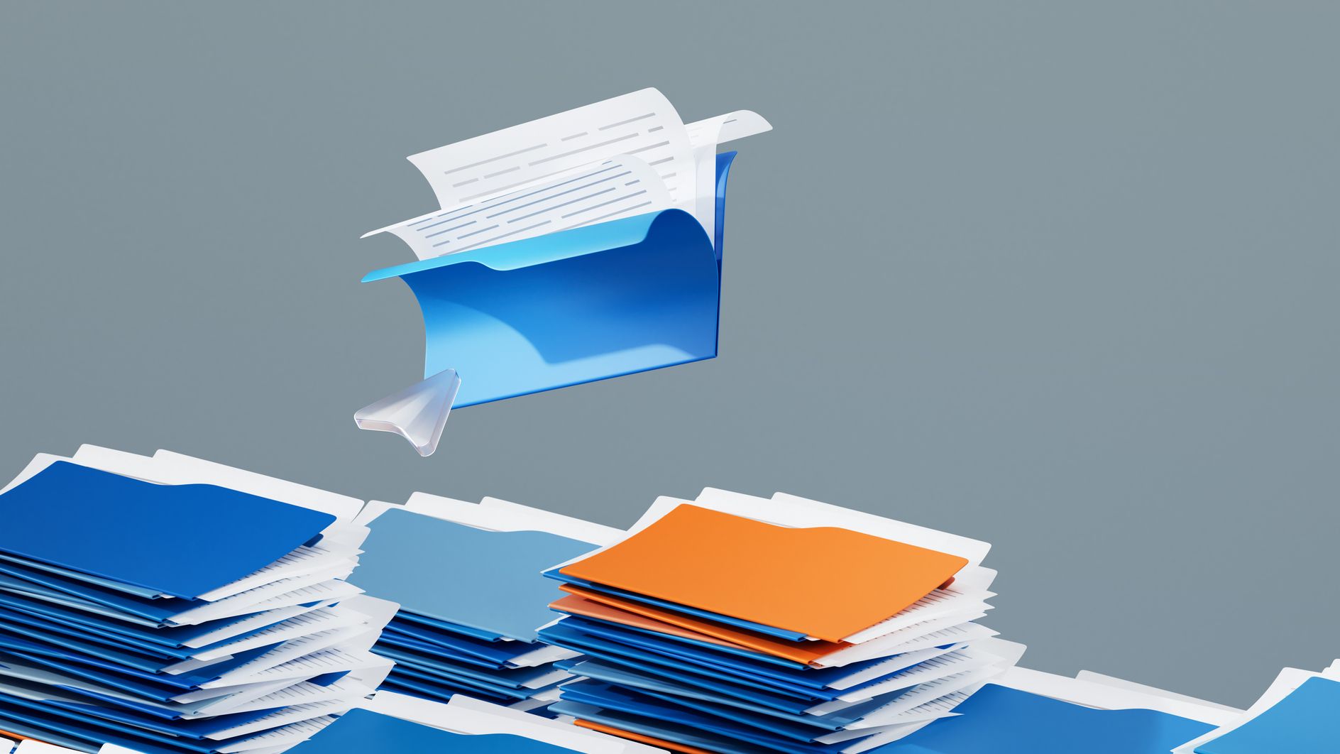 Images générées numériquement d’une grande pile de dossiers de fichiers de différentes couleurs.