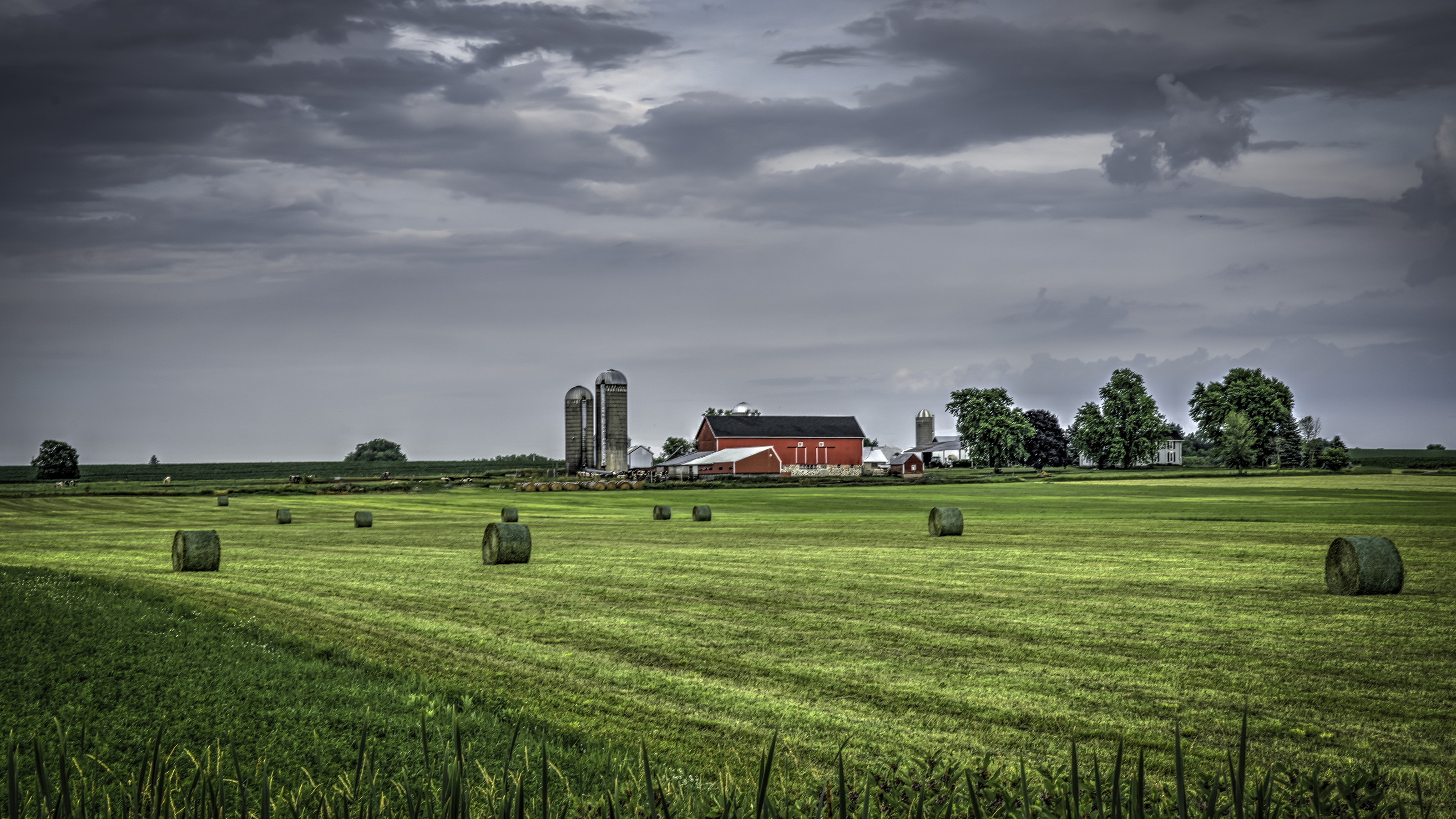 Une ferme avec une grange rouge et des silos dans le Wisconsin rural.