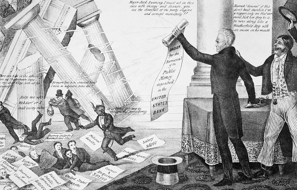 Le président Andrew Jackson brandit une ordonnance pour le retrait de l'argent public déposé à la banque des États-Unis