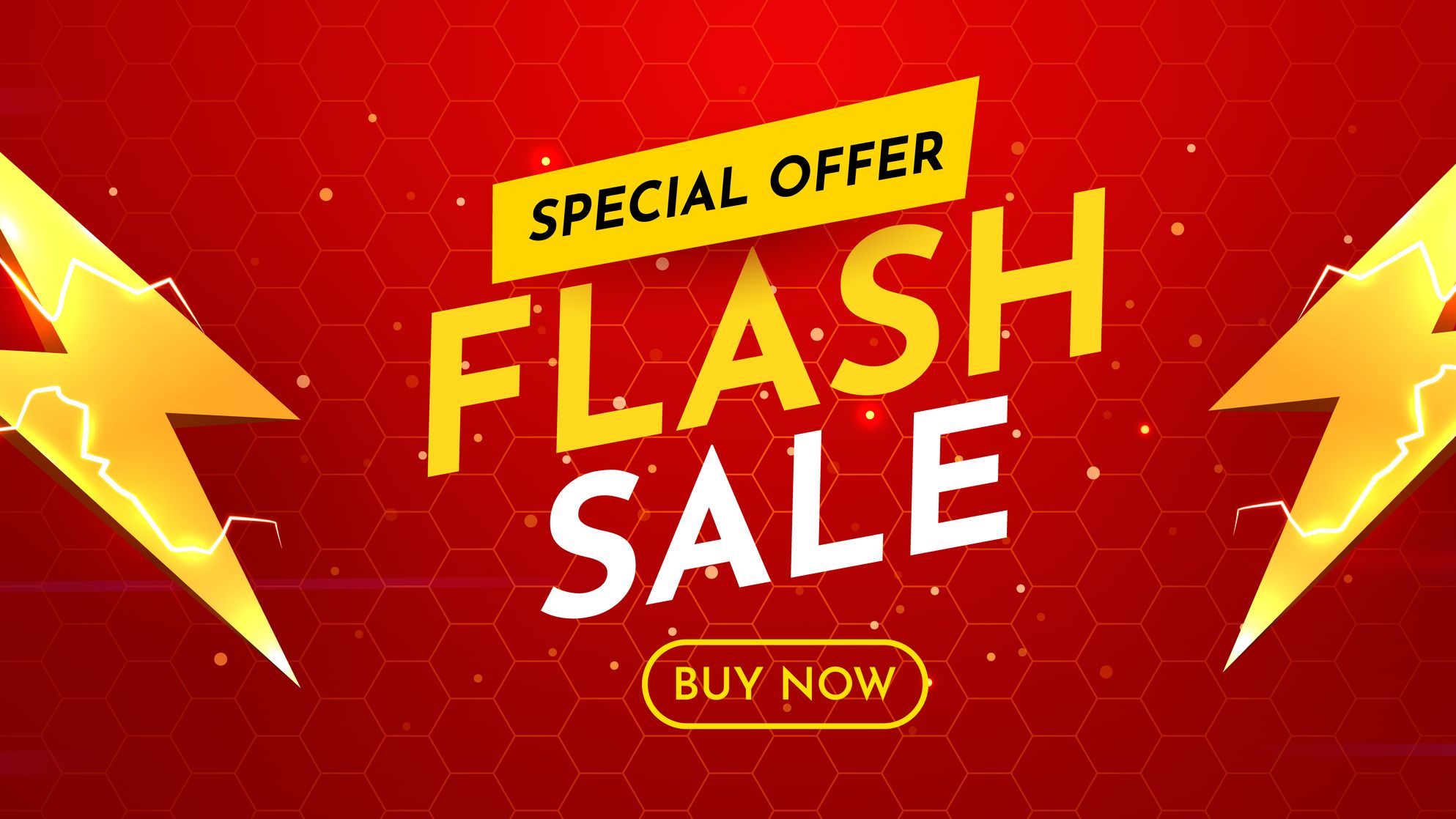 Bannière d'offre spéciale de vente flash avec des éclairs sur un fond rouge dynamique.