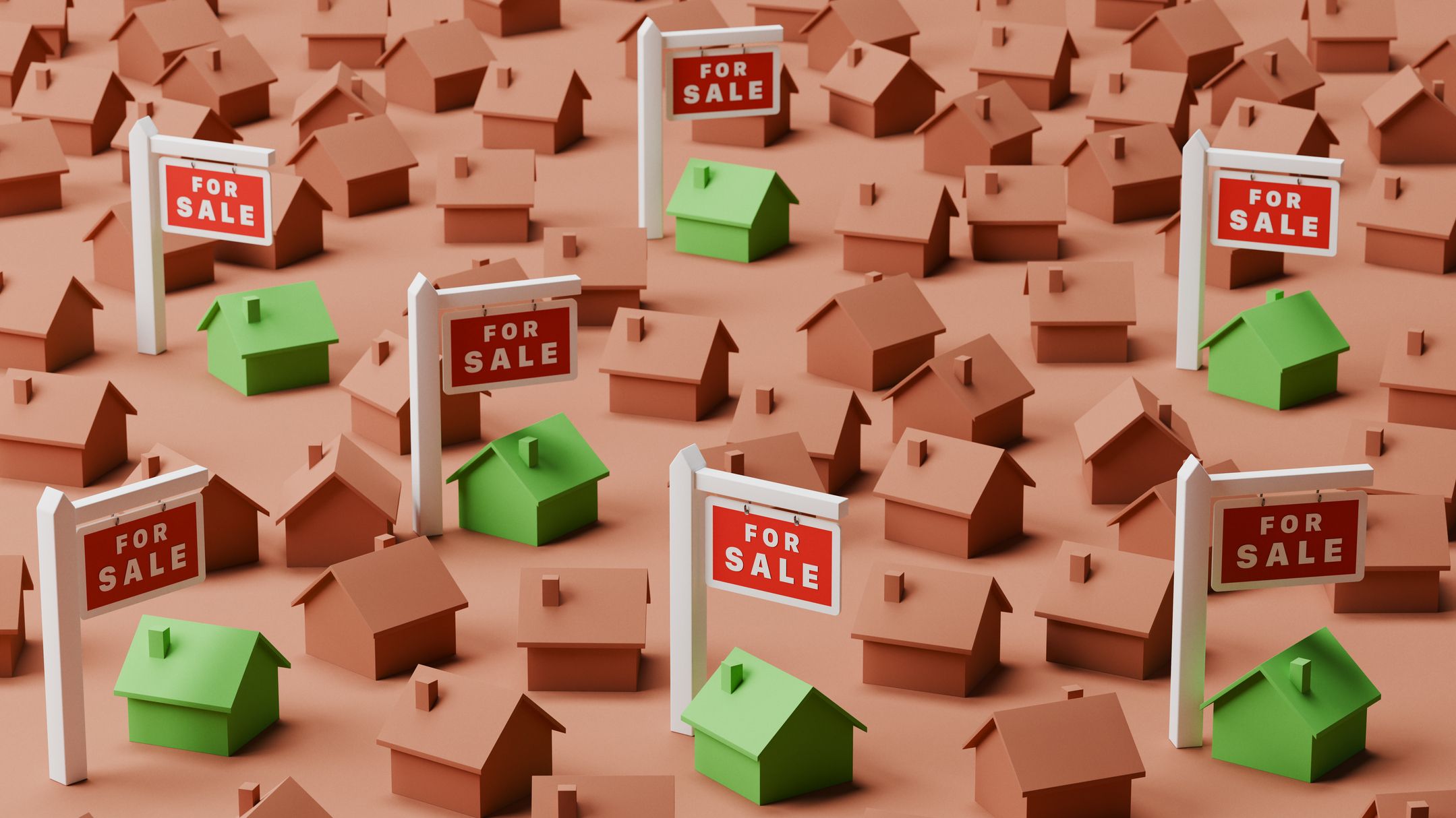 Image conceptuelle de l'ensemble du cadre rempli de maisons Monopoly brunes avec sept maisons vertes se détachant avec un panneau à vendre.
