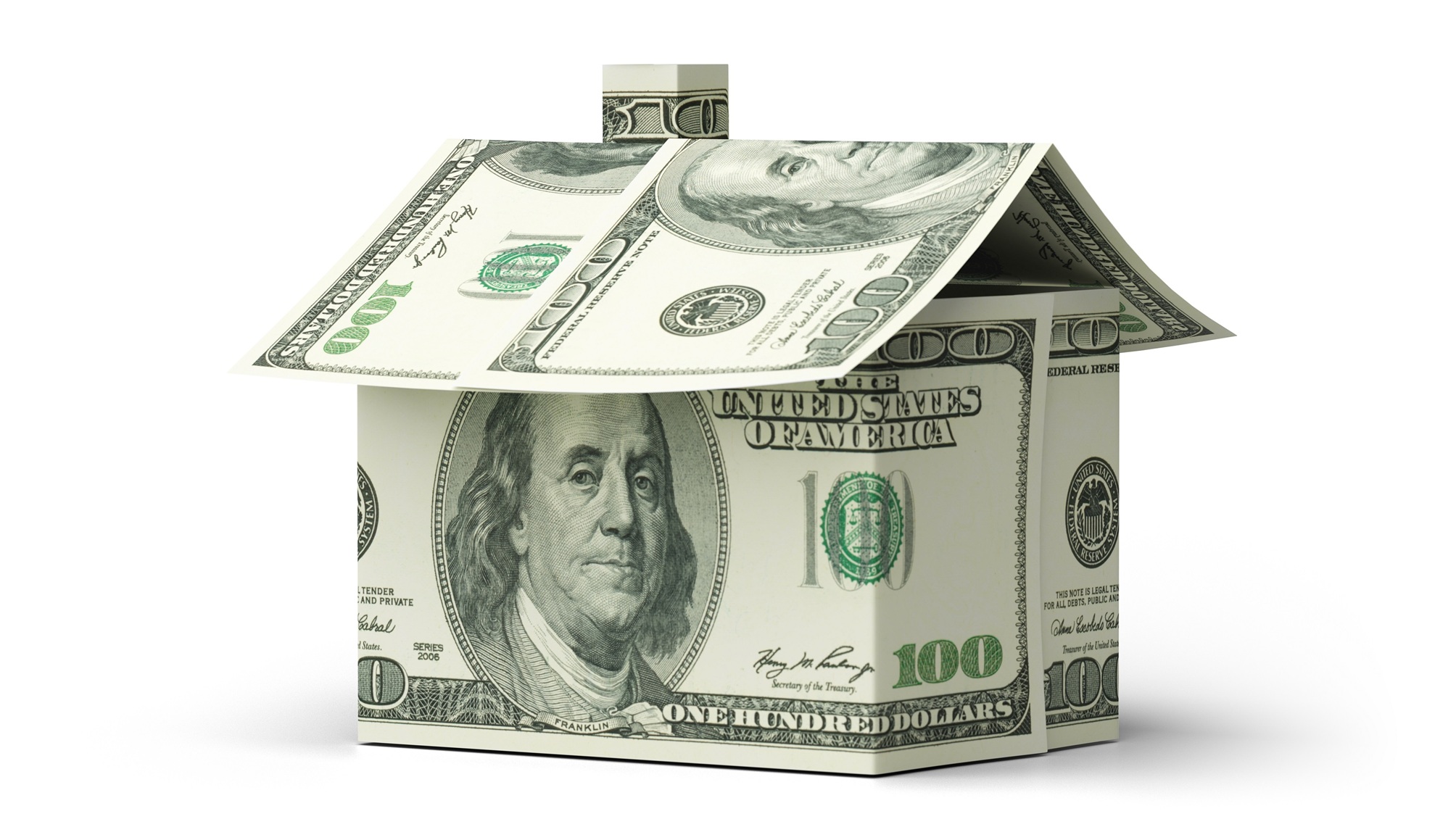 Une maison construite avec des billets de cent dollars.