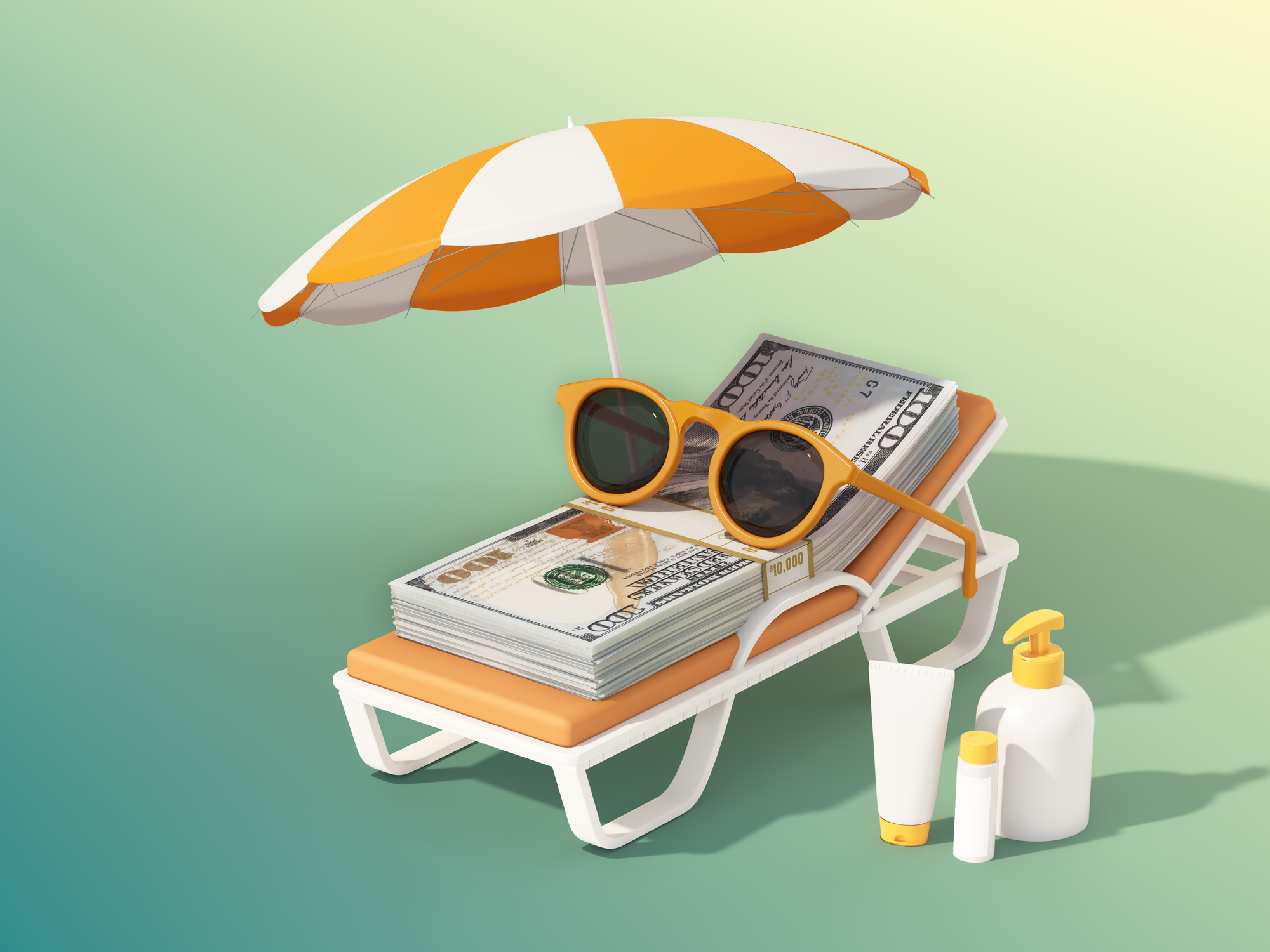 une pile de billets d'un dollar se prélassant sur une chaise de plage sous un parasol, illustrant que votre argent est en sécurité