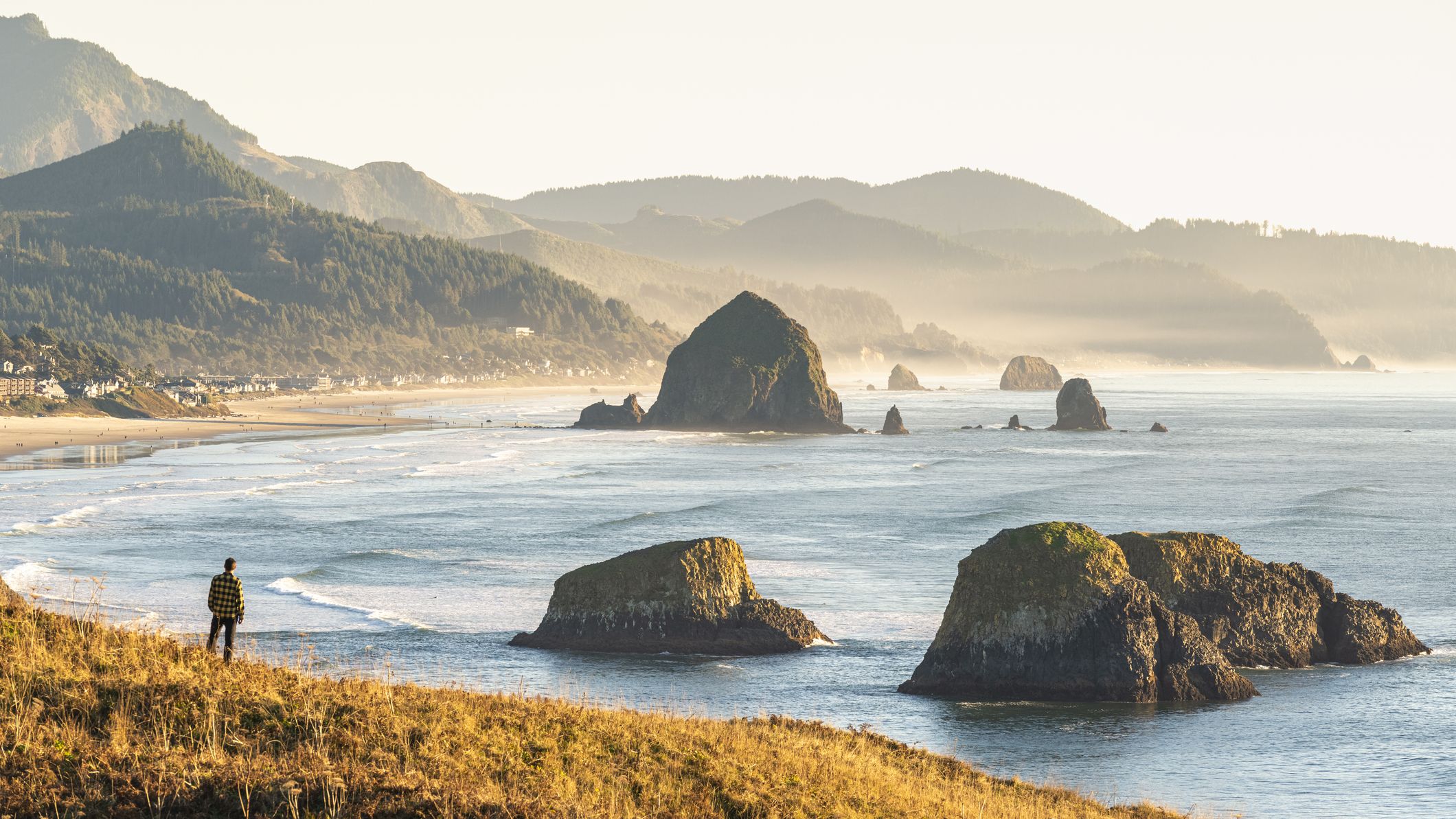 Vue grand angle d'un homme regardant Cannon Beach et Haystack Rock depuis le parc national d'Ecola, Cannon Beach, comté de Clatsop, Oregon, États-Unis.