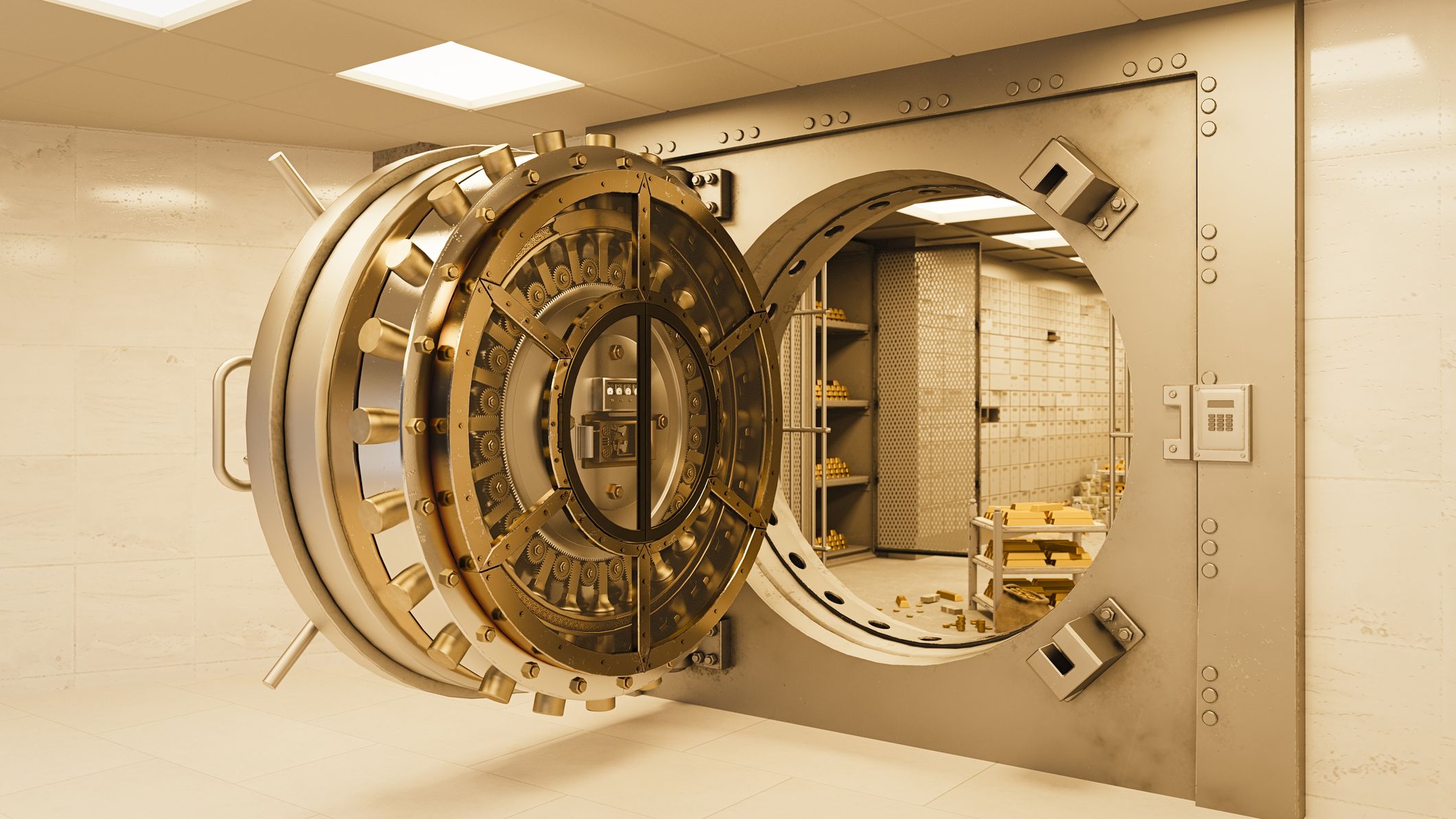 Une porte de coffre-fort dorée et ouverte.