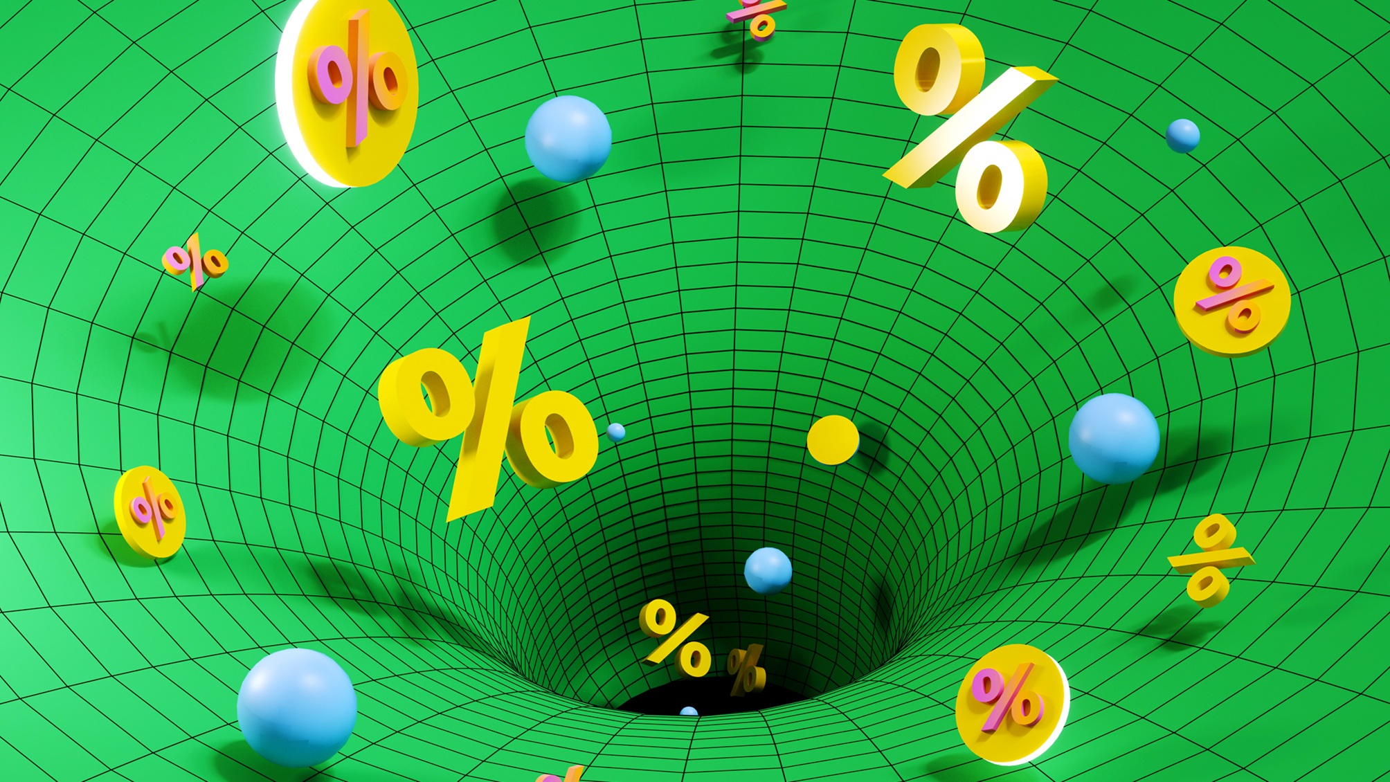 Image numérique d'un trou vert aspirant des signes de pourcentage et des pièces de monnaie.