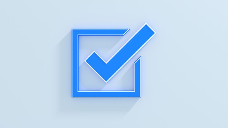 blue box with a check mark inside