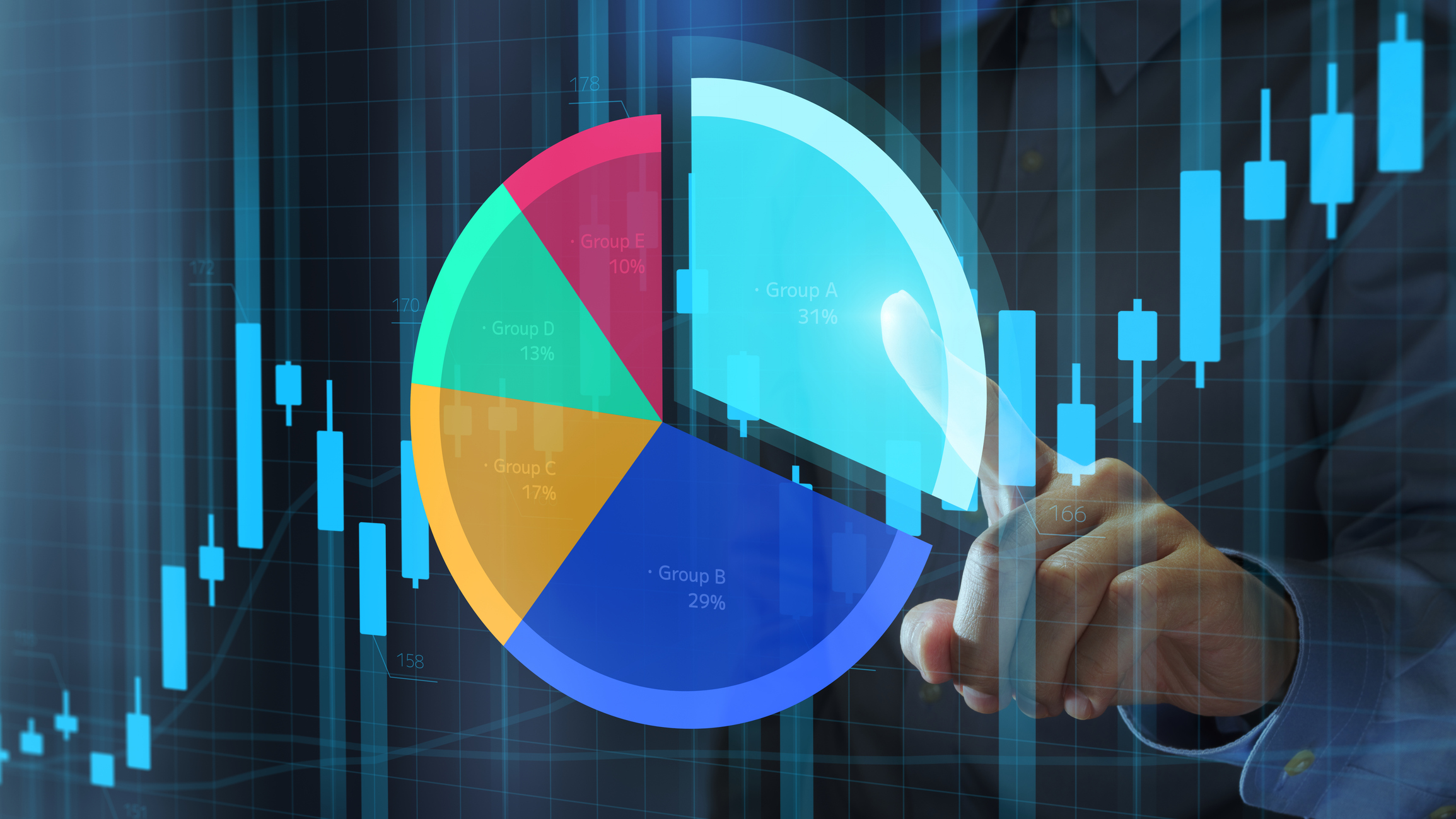Portefeuille d'investissement. Diversification et allocation d'actifs. L'investisseur rééquilibre le portefeuille pour gérer l'exposition. Homme touchant un diagramme circulaire et un diagramme en chandelier.