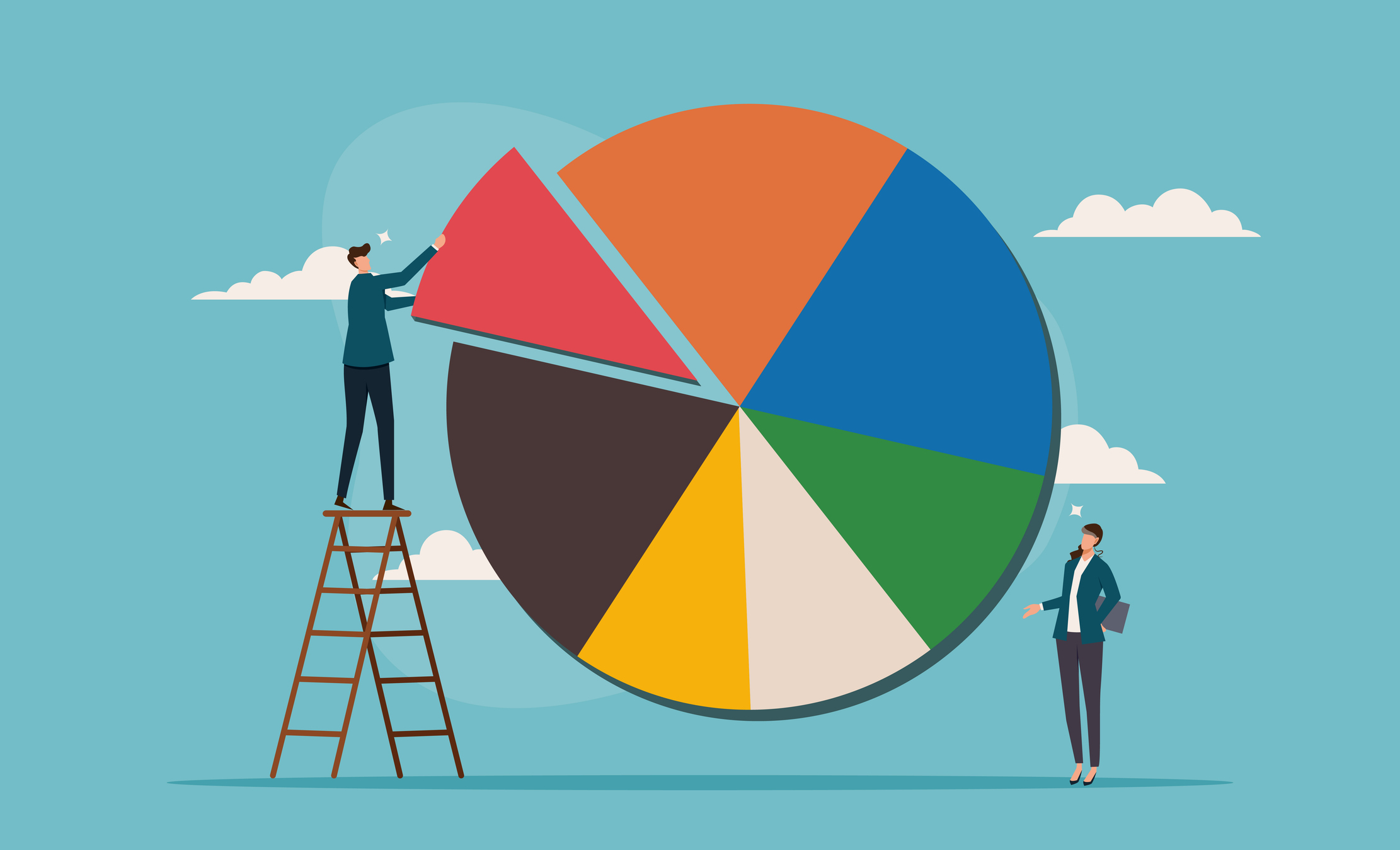 stratégies d'allocation d'actifs et d'ajustement, avec des hommes d'affaires, des investisseurs ou des planificateurs financiers construisant des diagrammes circulaires sur des échelles pour rééquilibrer les portefeuilles en fonction des niveaux de risque et du potentiel