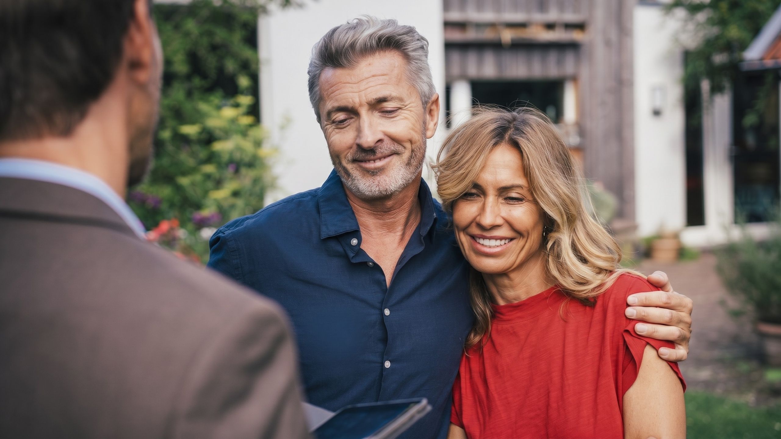 An attractive, smiling older couple stands in front of a house, talking to a real estate agent. The color of the woman's shirt has been edited by Gemini. Kiplinger's Wealth Wise logo is in the corner.