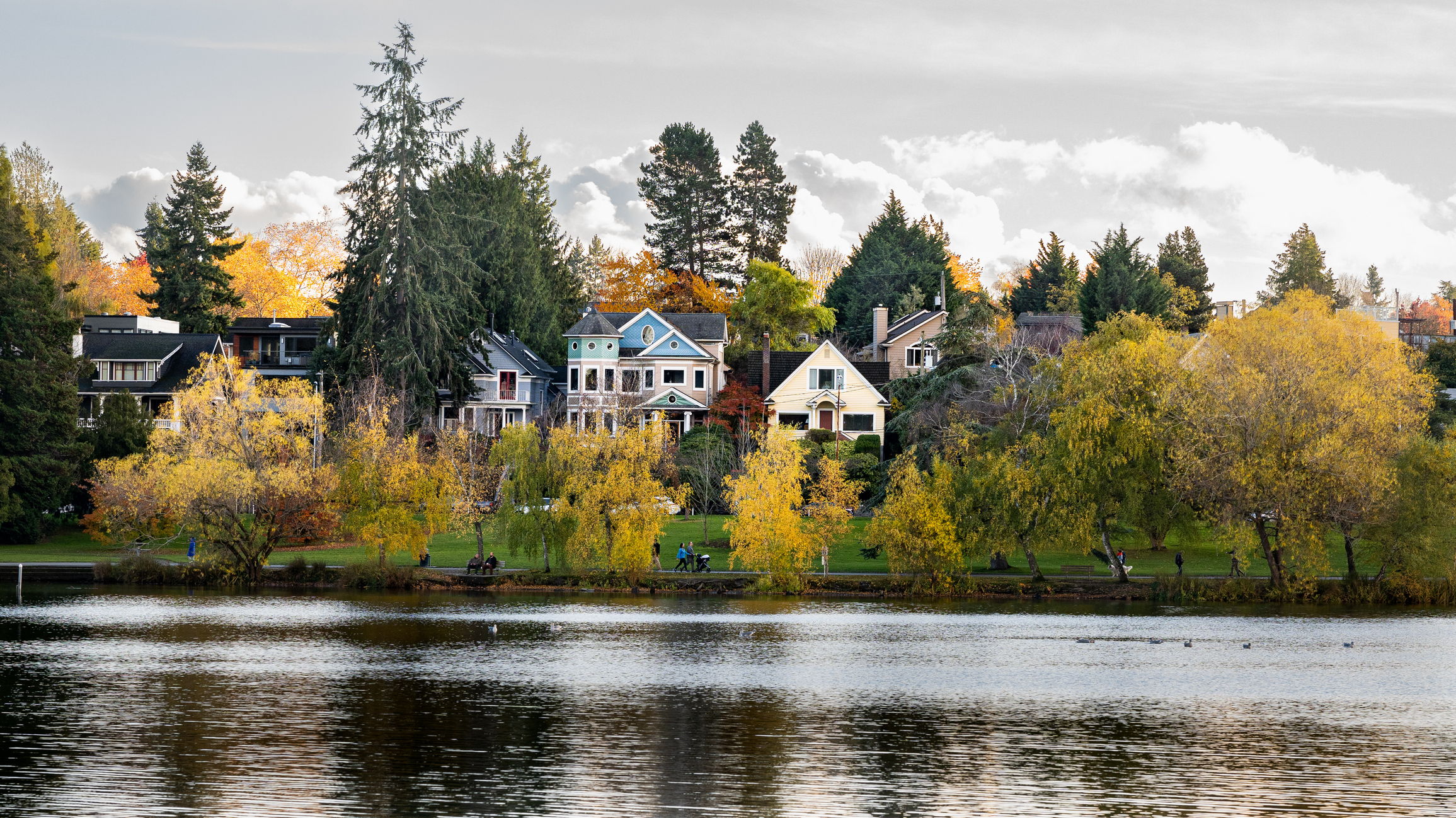 Vue panoramique des maisons près d'un lac près des arbres à Seattle, Washington