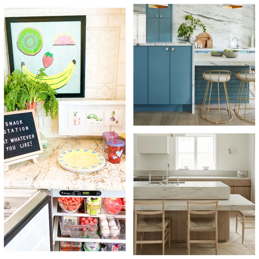 Snack à hauteur d'enfant et cuisines avec îlots à deux niveaux