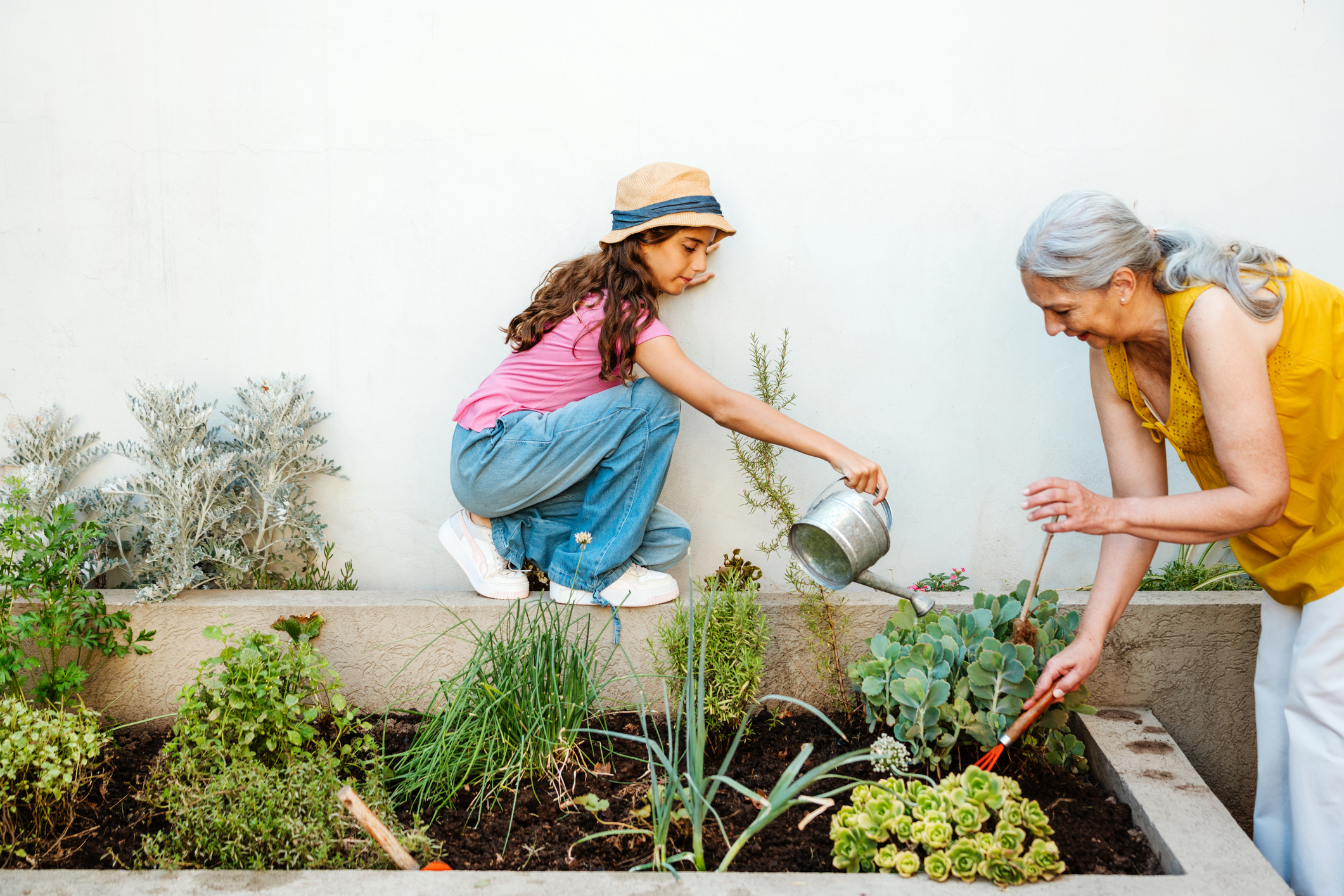 Femme âgée et jeune fille plantant et arrosant dans un jardin familial.