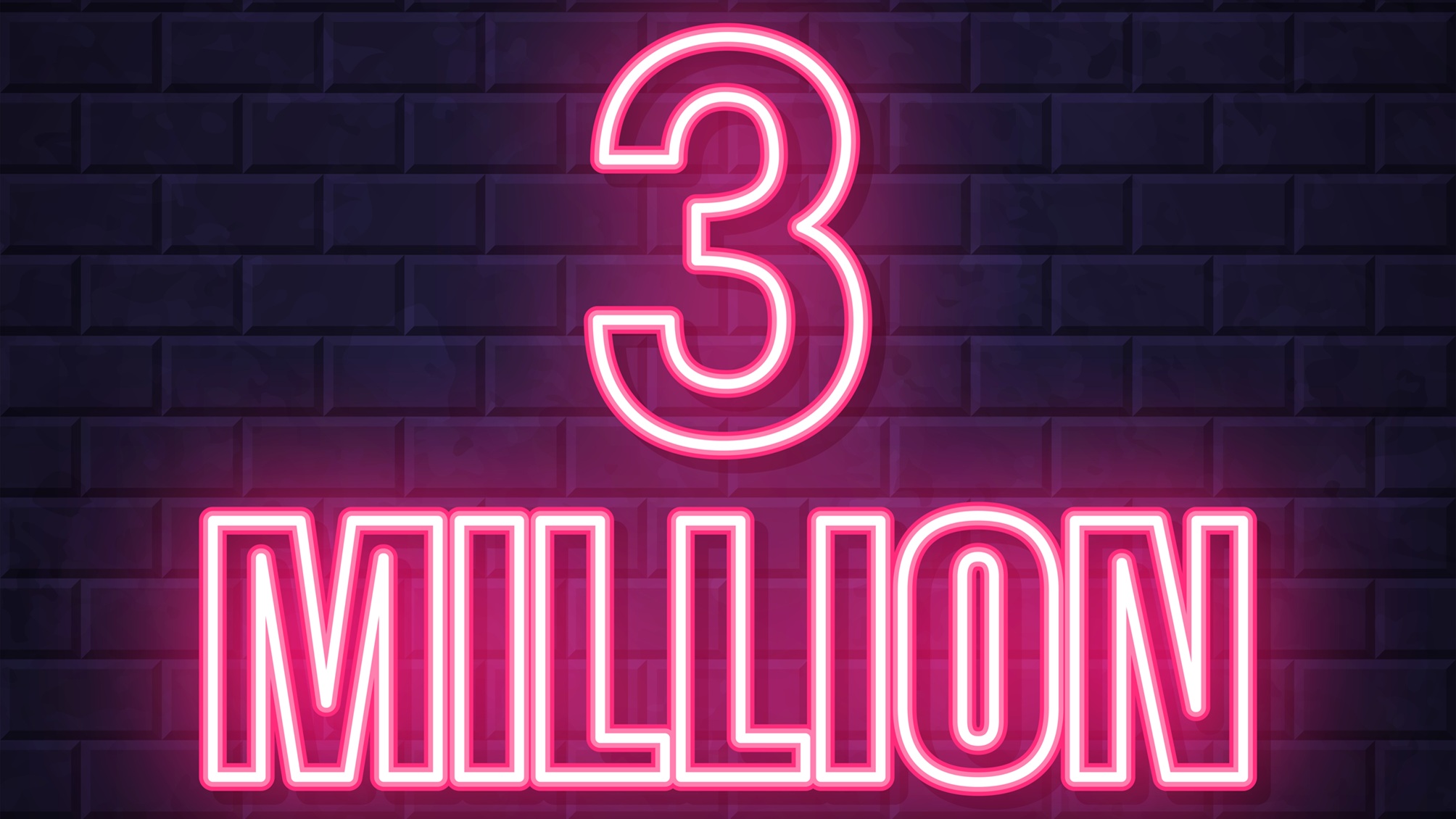 Le chiffre 3 millions en rose fluo sur fond brique violet.