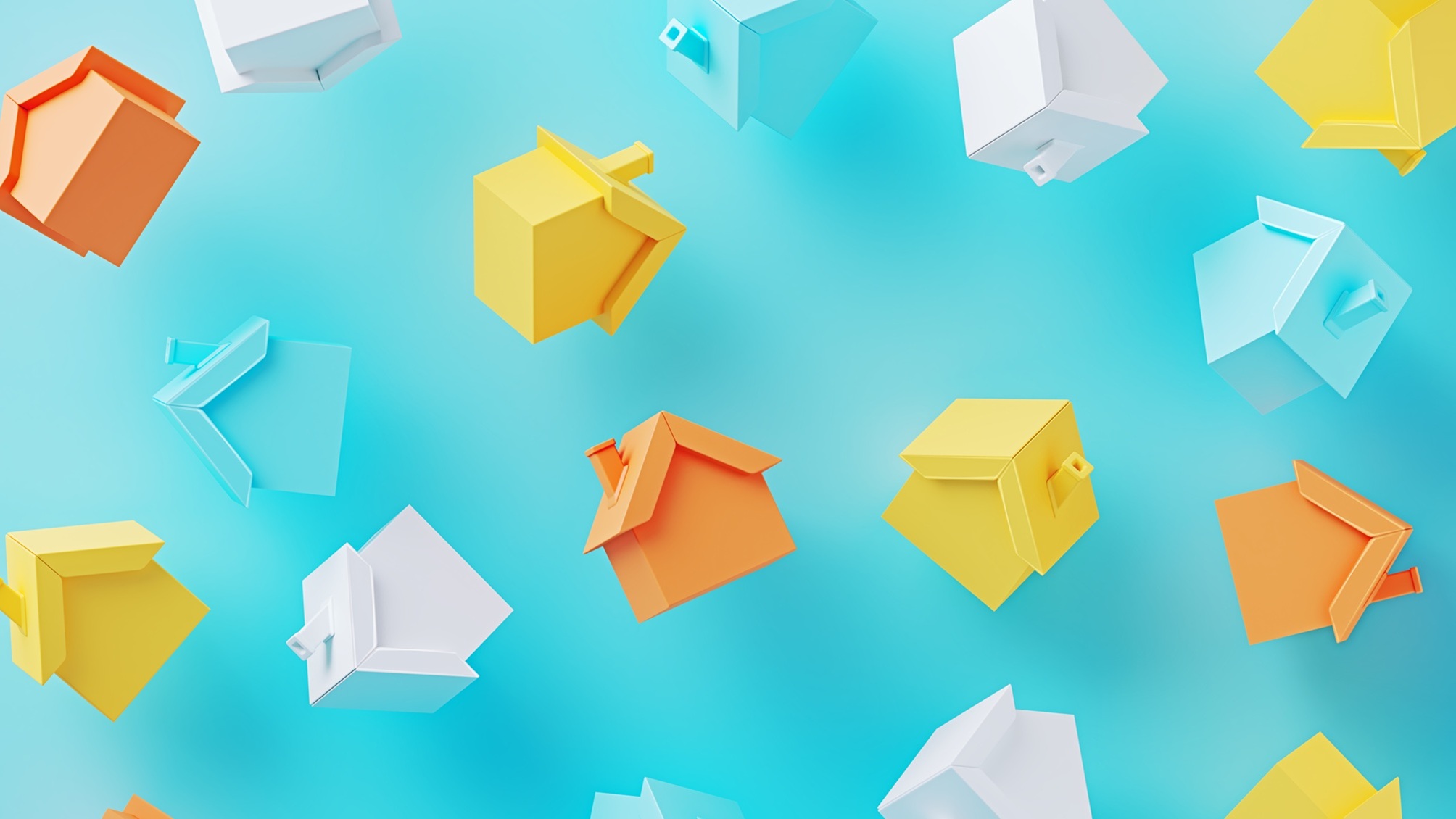 Petites maisons jaunes, blanches et orange flottant sur fond bleu.