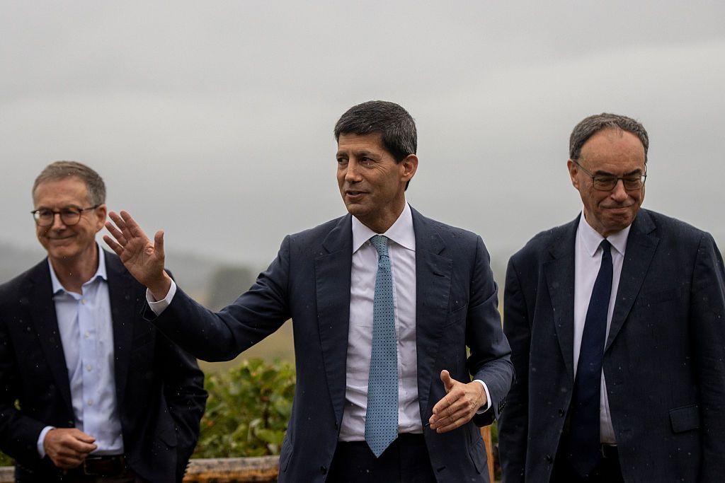 Federal Reserve Chair Kevin Warsh walks with Tiff Bank of Canada Governor Tiff Macklem and Bank of England Governor Andrew Bailey at the Jackson Hole Economic Symposium on August 28, 2026.