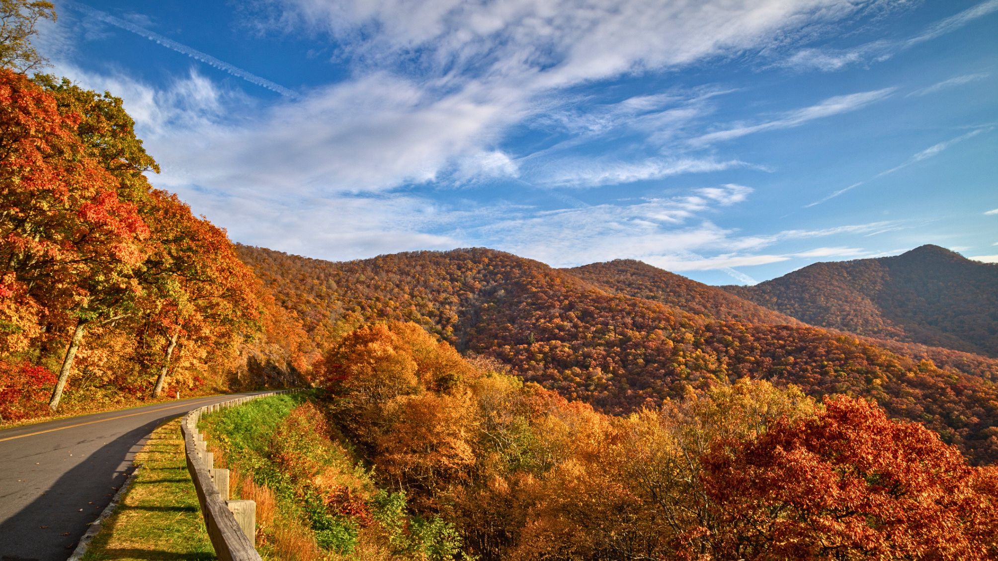 Un éclat de couleurs automnale émerge du flanc de la montagne de Blue Ridge Parkway en Caroline du Nord, aux États-Unis.