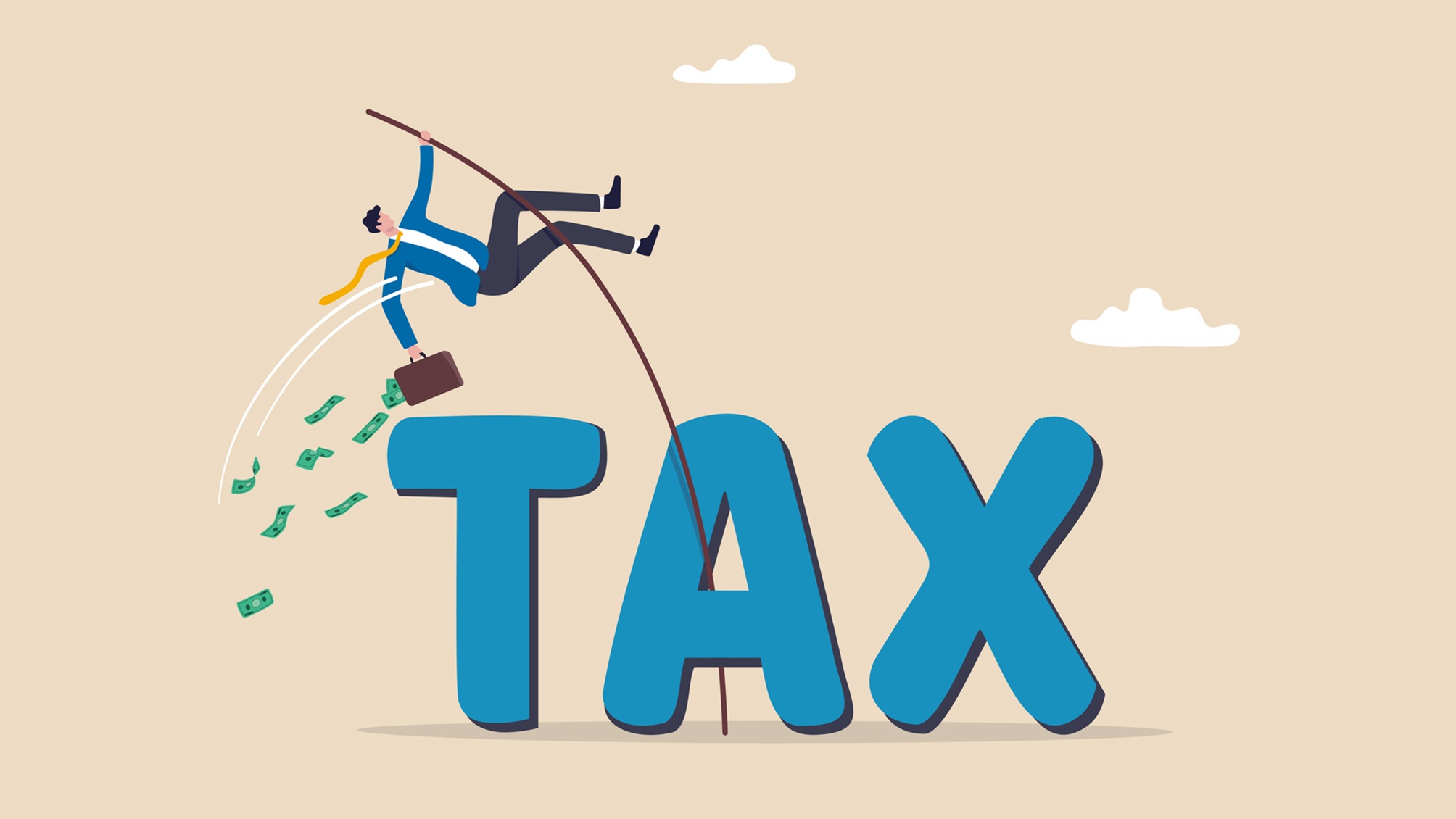 Illustration d'une caricature d'un homme saut à la perche sur le mot "impôt."
