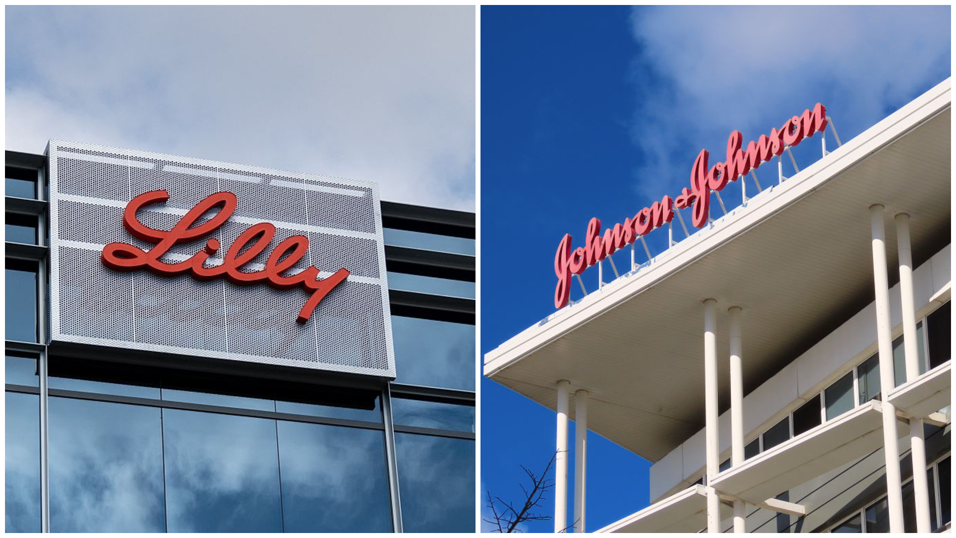 A side-by-side image of the logos of Eli Lilly and Johnson &amp; Johnson atop corporate buildings.