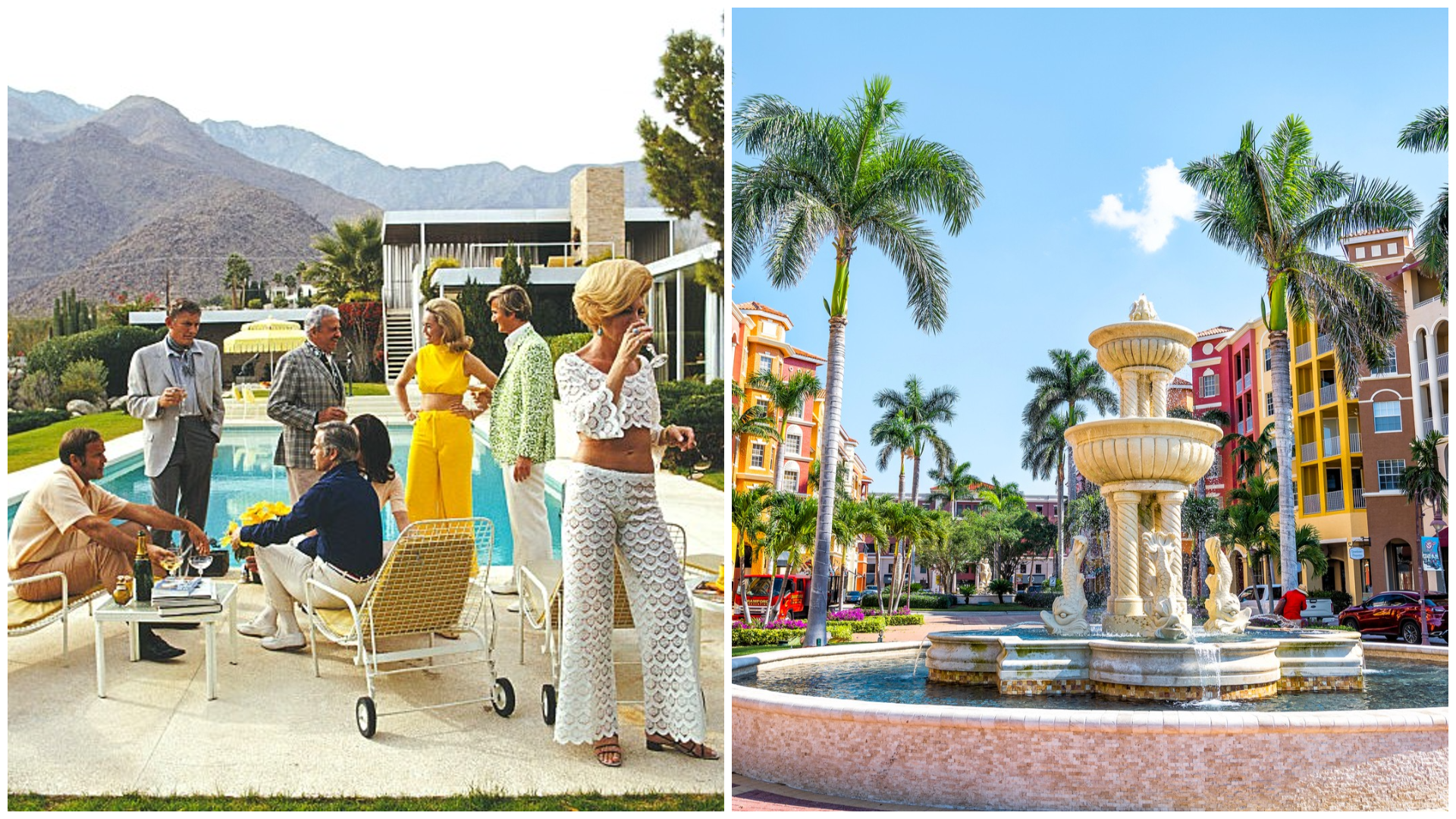 Un collage de photos d'une fontaine et de bâtiments colorés à Naples, en Floride, et d'une fête au bord de la piscine en 1970 à Palm Springs, en Californie.
